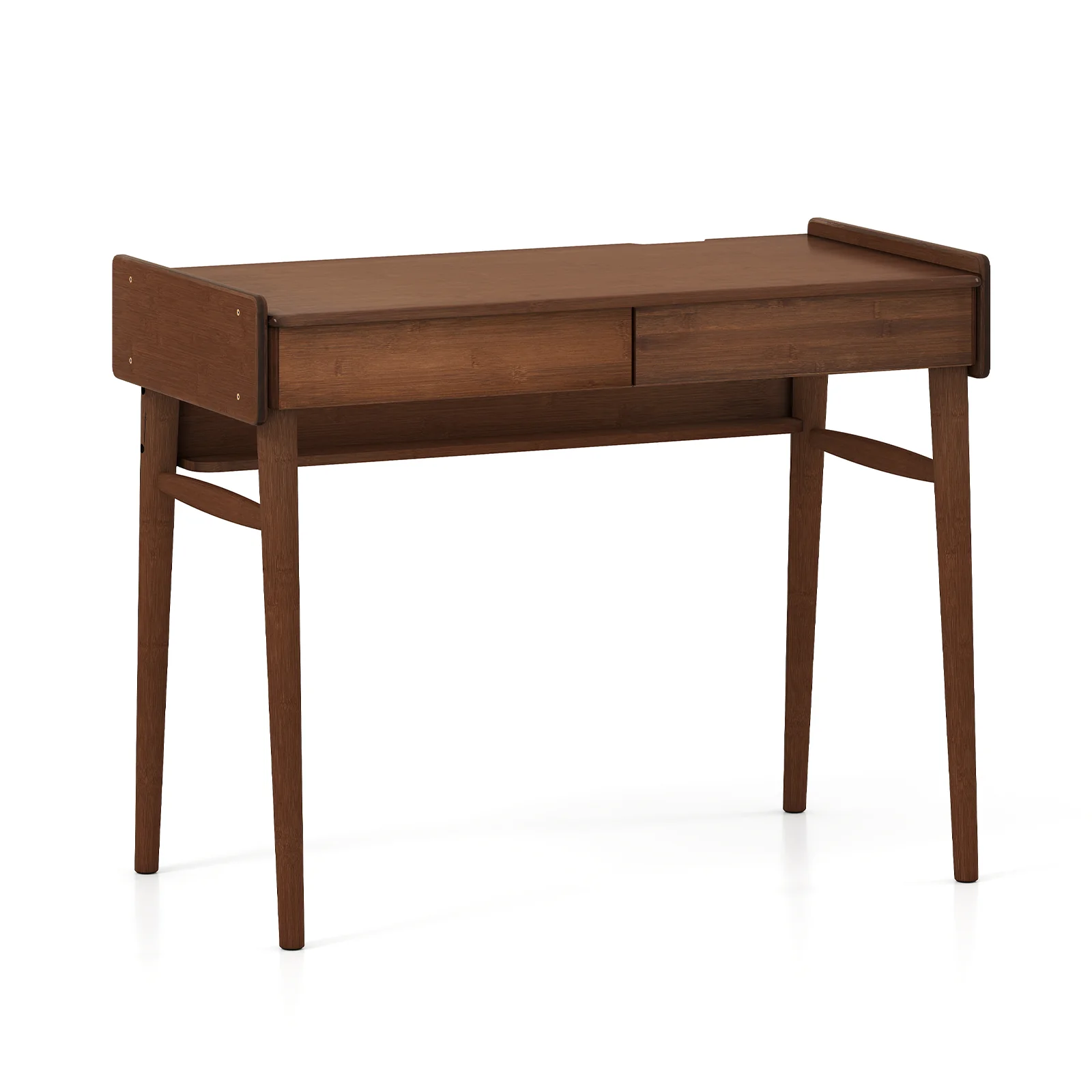 Bamboo Writing Desk With 2 Drawers, Open Shelf, Walnut - Image 5