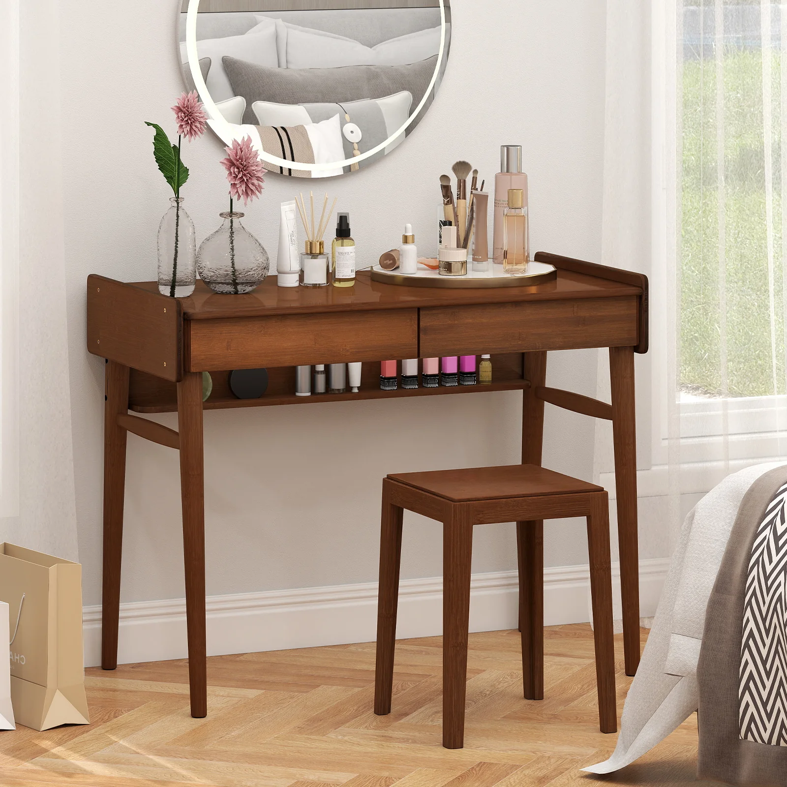 Bamboo Writing Desk With 2 Drawers, Open Shelf, Walnut - Image 7