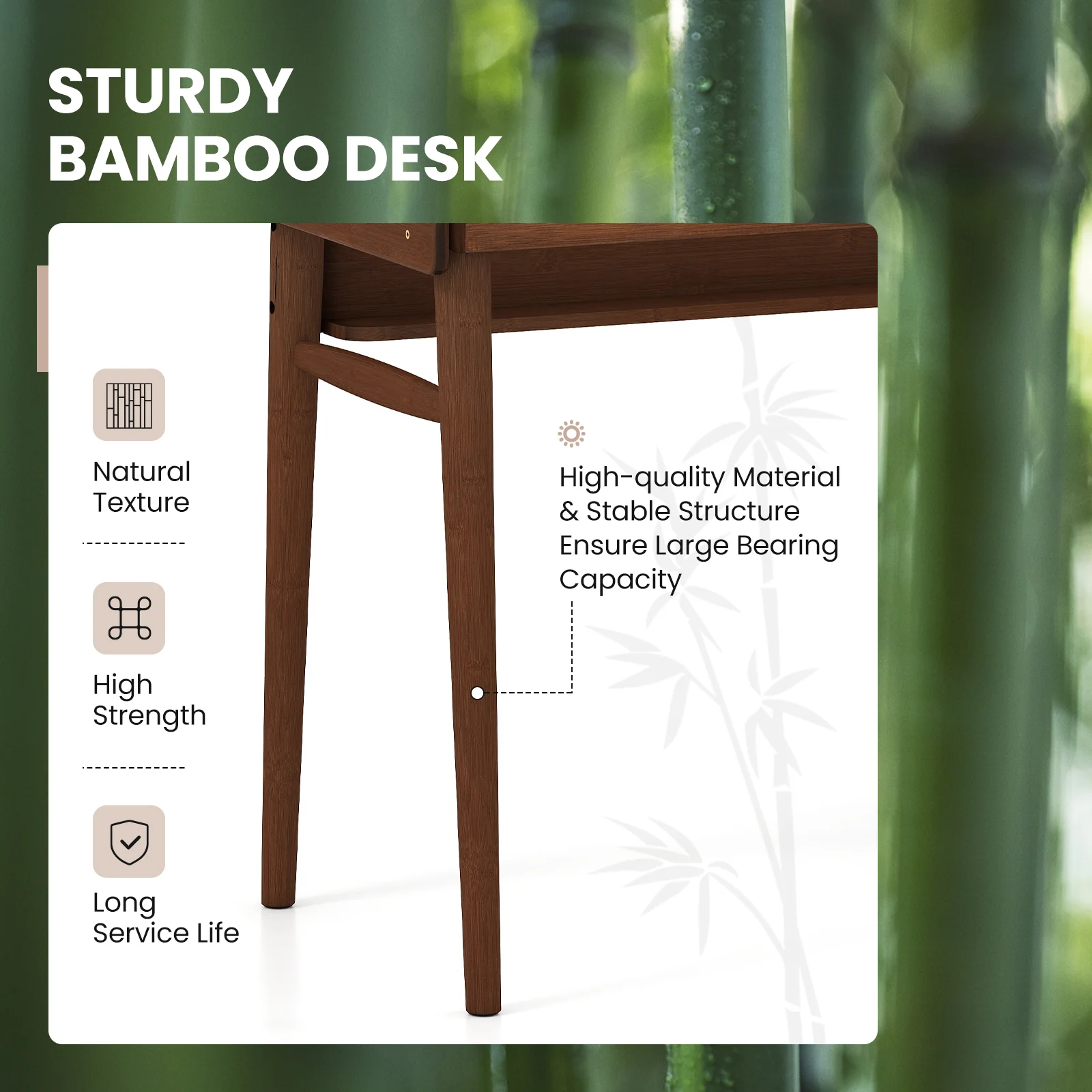 Bamboo Writing Desk With 2 Drawers, Open Shelf, Walnut - Image 9