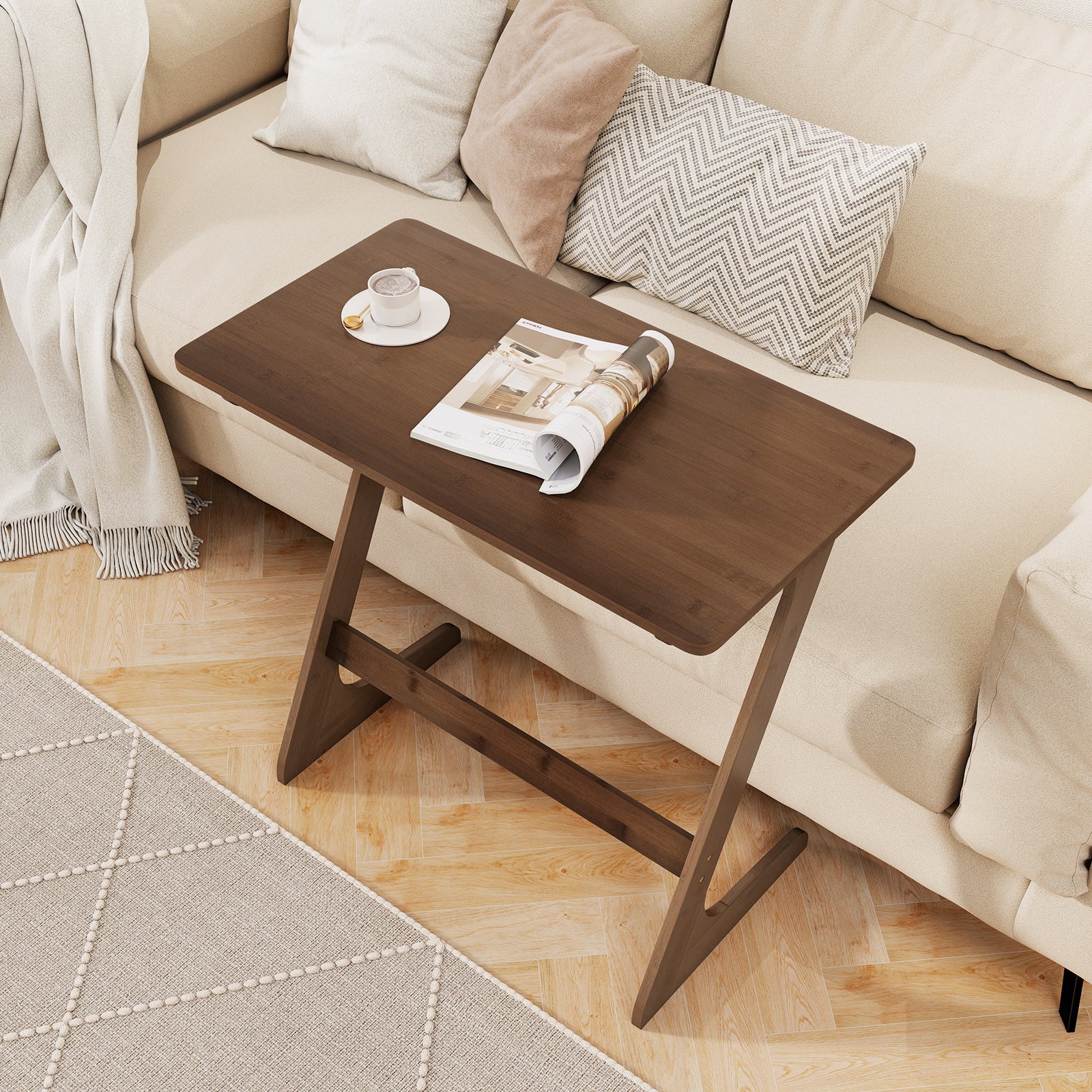 Bamboo Z-Shaped Sofa Side Table, Spacious Tabletop - Image 3