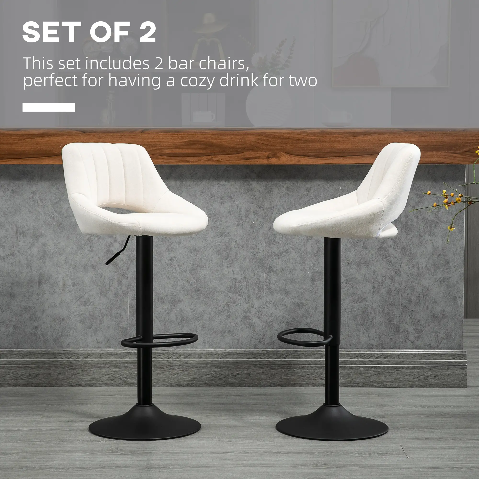 Bar Stools Set of 2, Swivel Counter Height Barstools with Adjustable Height, Linen Upholstered Bar Chairs with Round Metal Base and Footrest, Cream - Image 4
