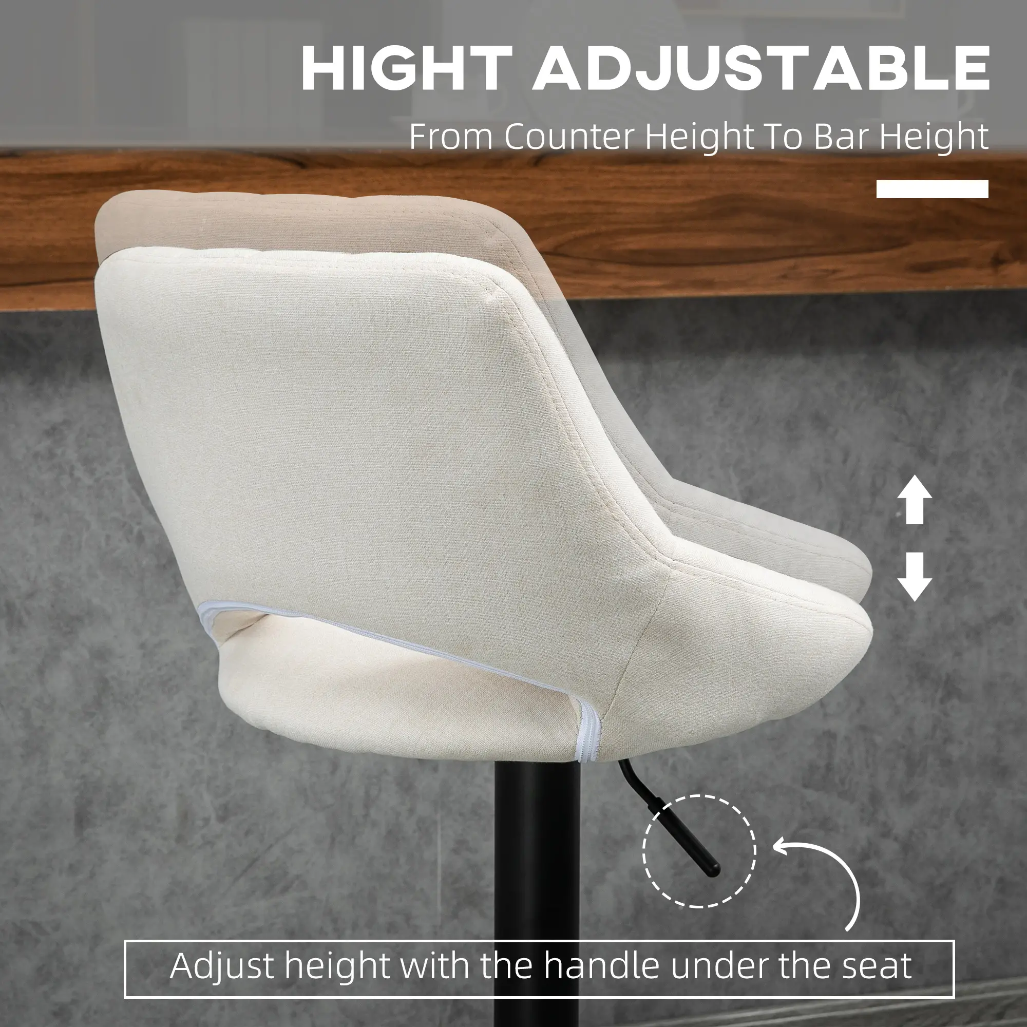 Bar Stools Set of 2, Swivel Counter Height Barstools with Adjustable Height, Linen Upholstered Bar Chairs with Round Metal Base and Footrest, Cream - Image 5