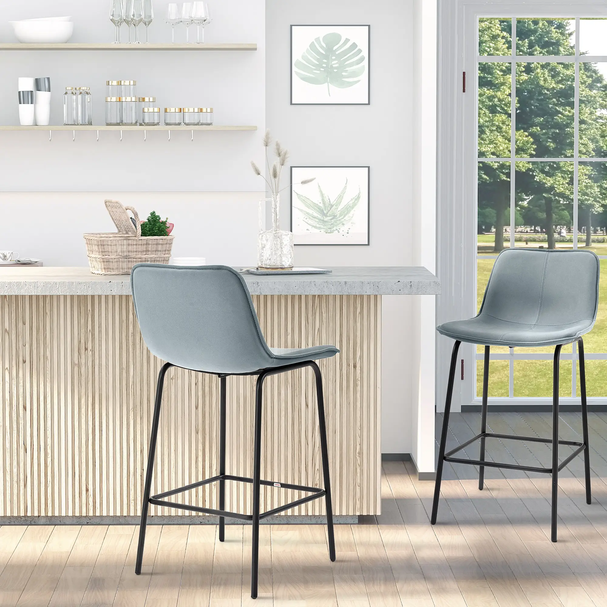 Bar Stools Set of 2, Upholstered Counter Height Bar Chairs, Kitchen Stools with Steel Legs - Image 2