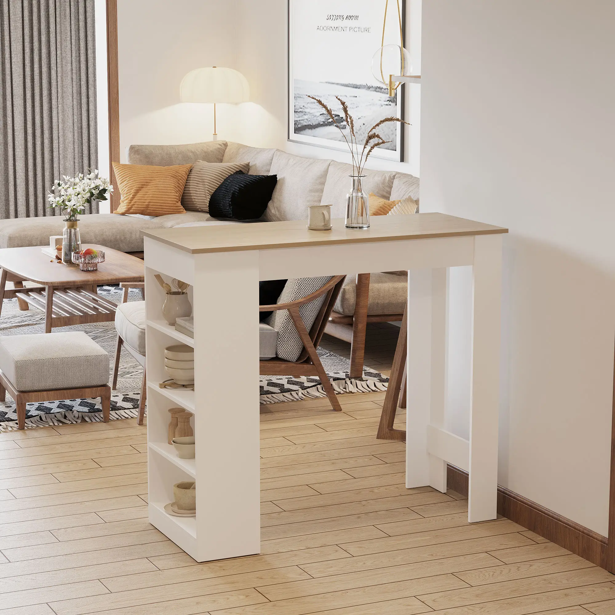 Bar Table, High Top Pub Table with 4 Shelves, Modern Bar Height, Natural - Image 2