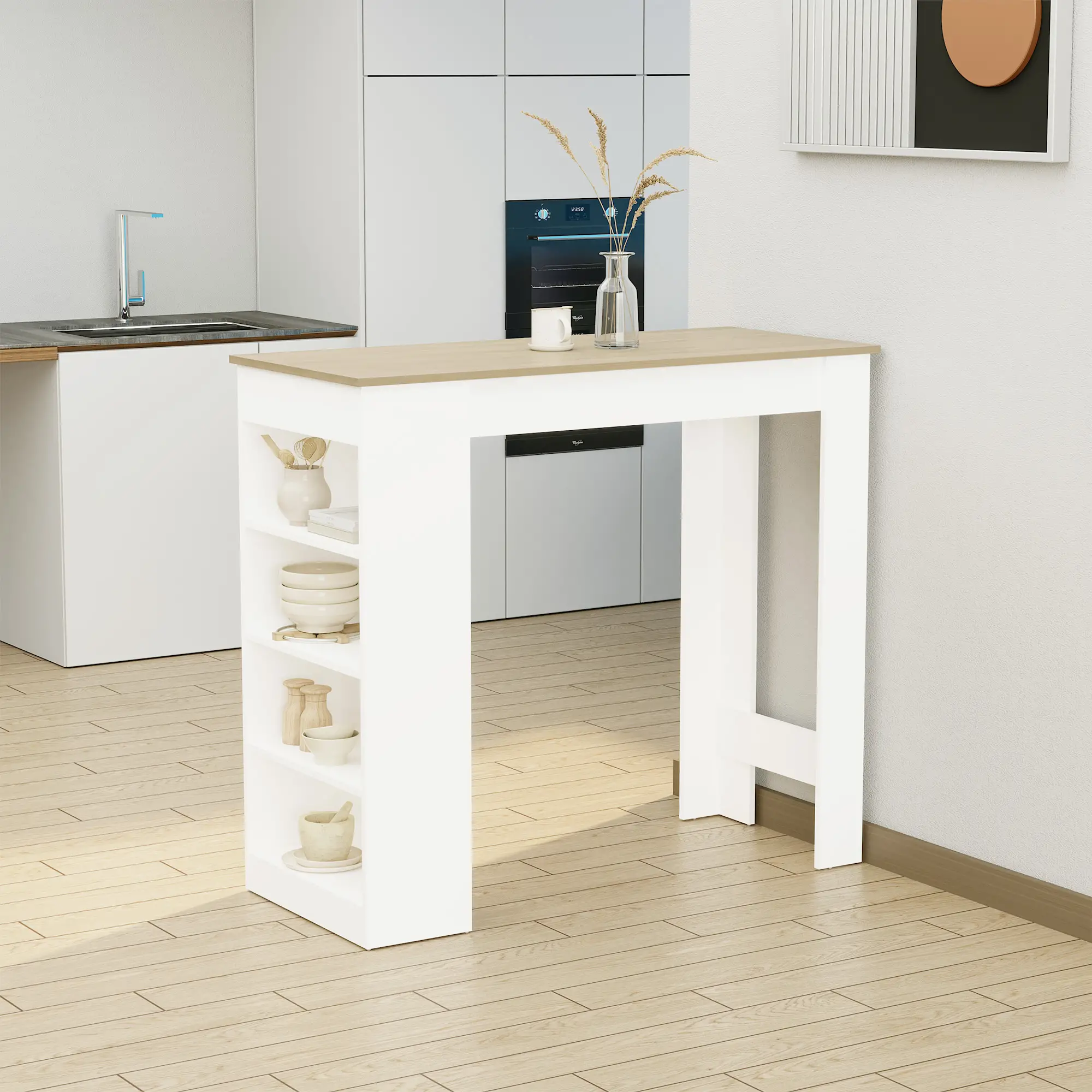 Bar Table, High Top Pub Table with 4 Shelves, Modern Bar Height, Natural - Image 8