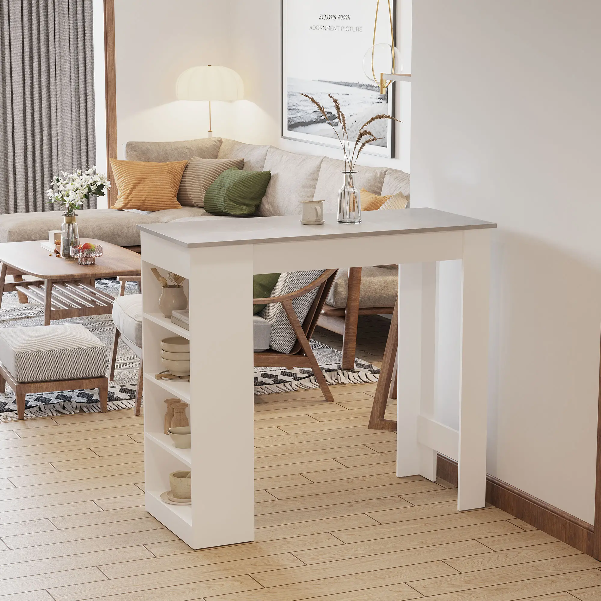 Bar Table, High Top Pub Table with 4 Shelves, Modern, Grey - Image 2