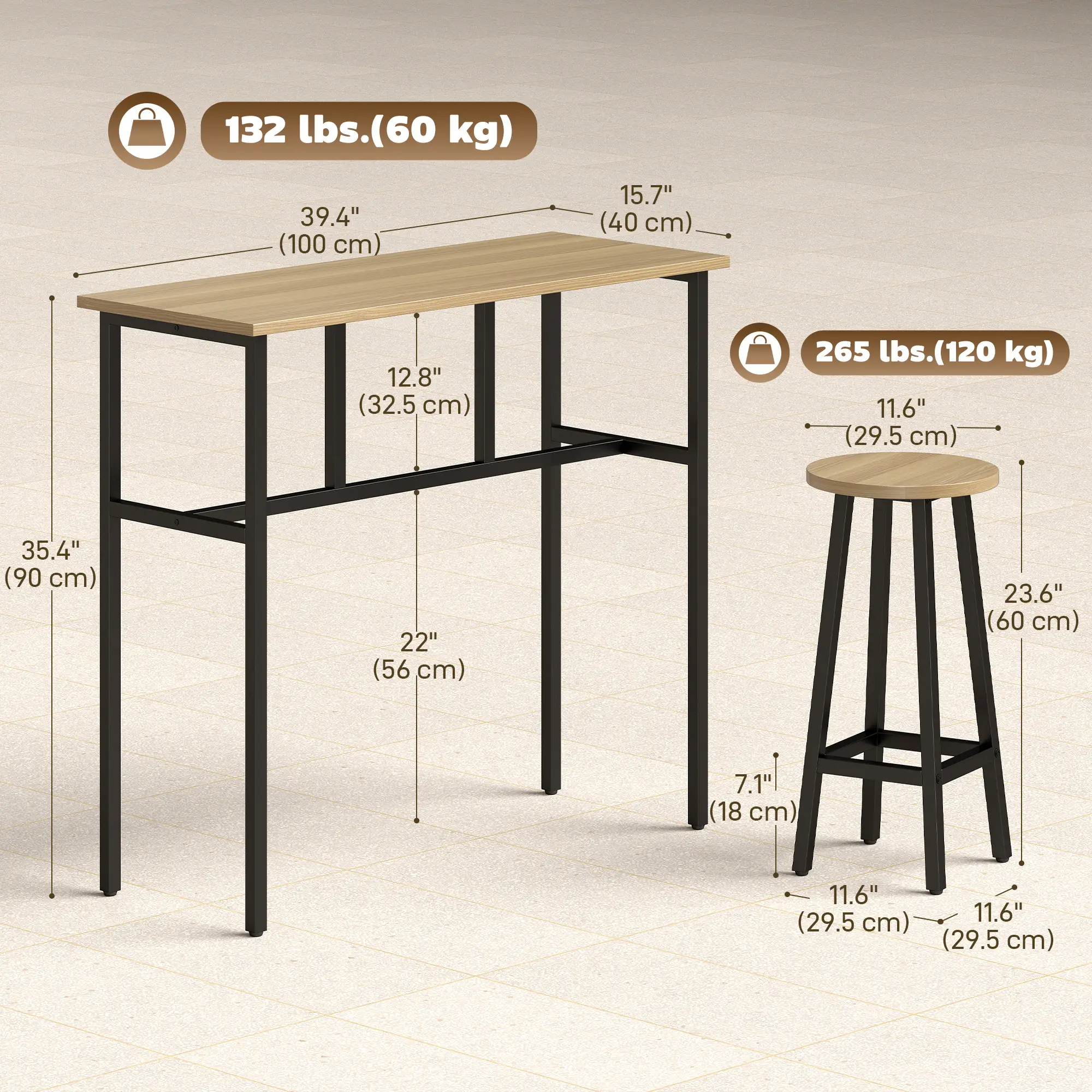 Bar Table Set of 6, Grey-Brown - Image 3