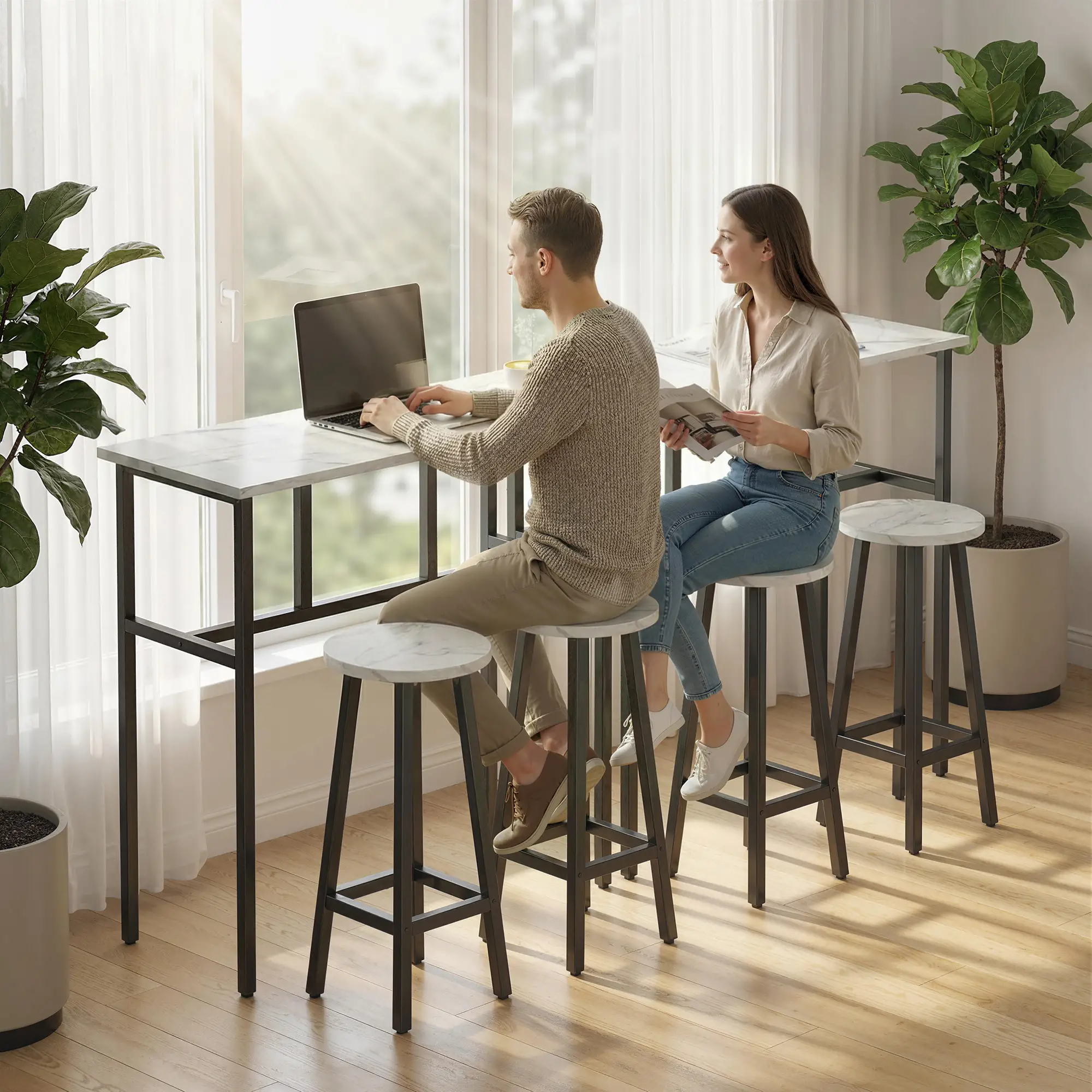 Bar Table Set Of 6, White Marble Breakfast Table And 4 Stools, White - Image 2