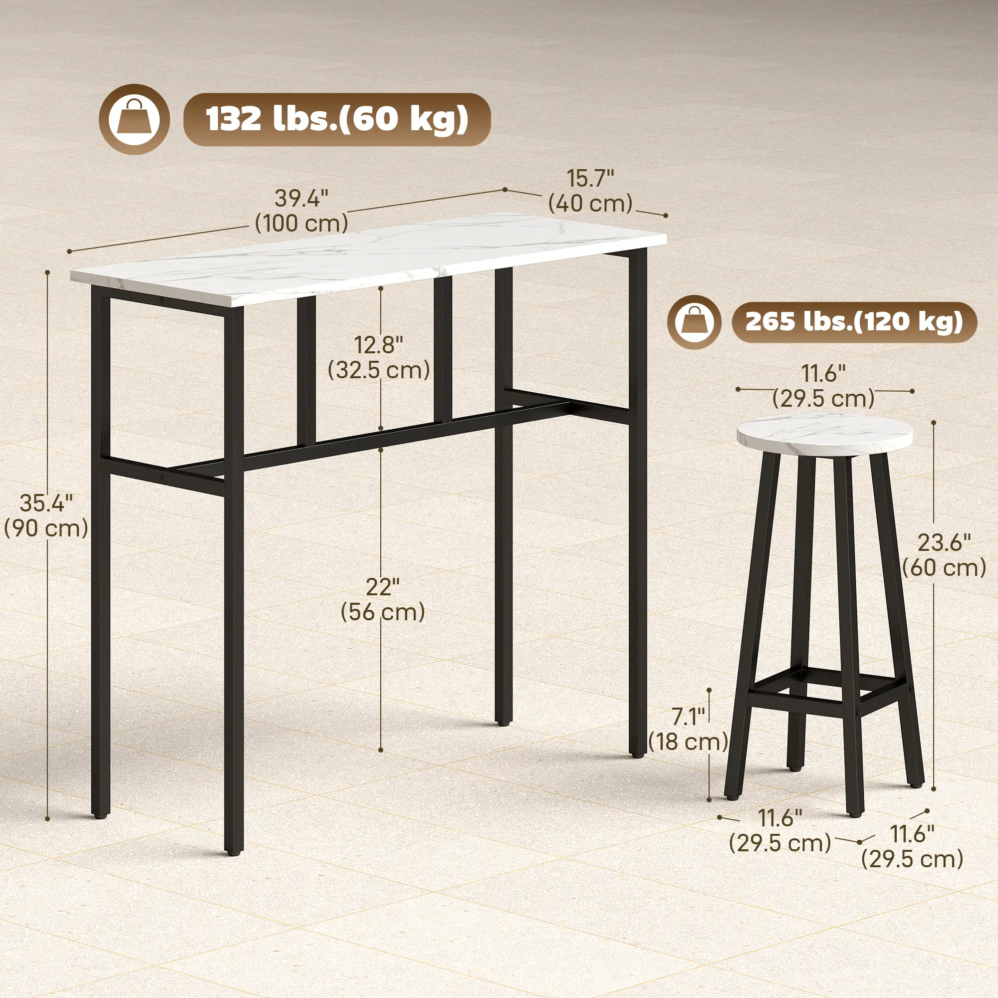 Bar Table Set Of 6, White Marble Breakfast Table And 4 Stools, White - Image 3