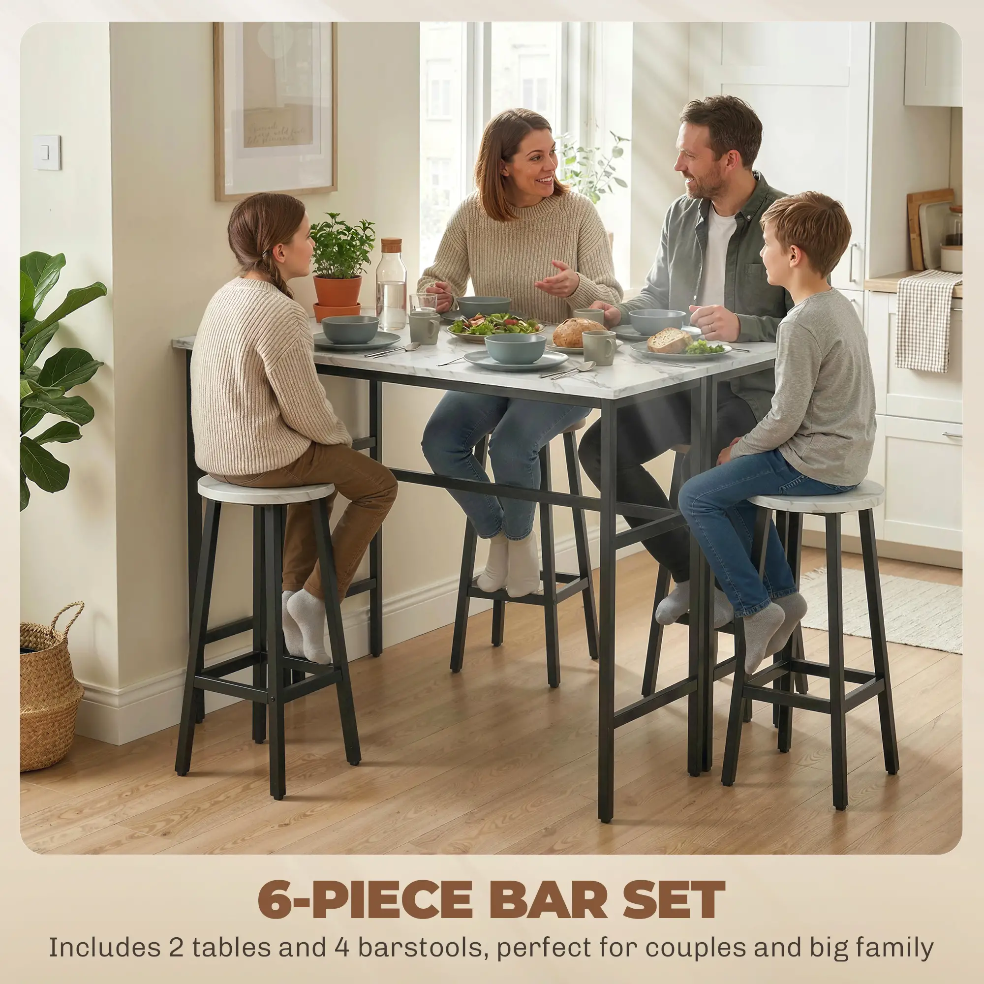 Bar Table Set Of 6, White Marble Breakfast Table And 4 Stools, White - Image 4