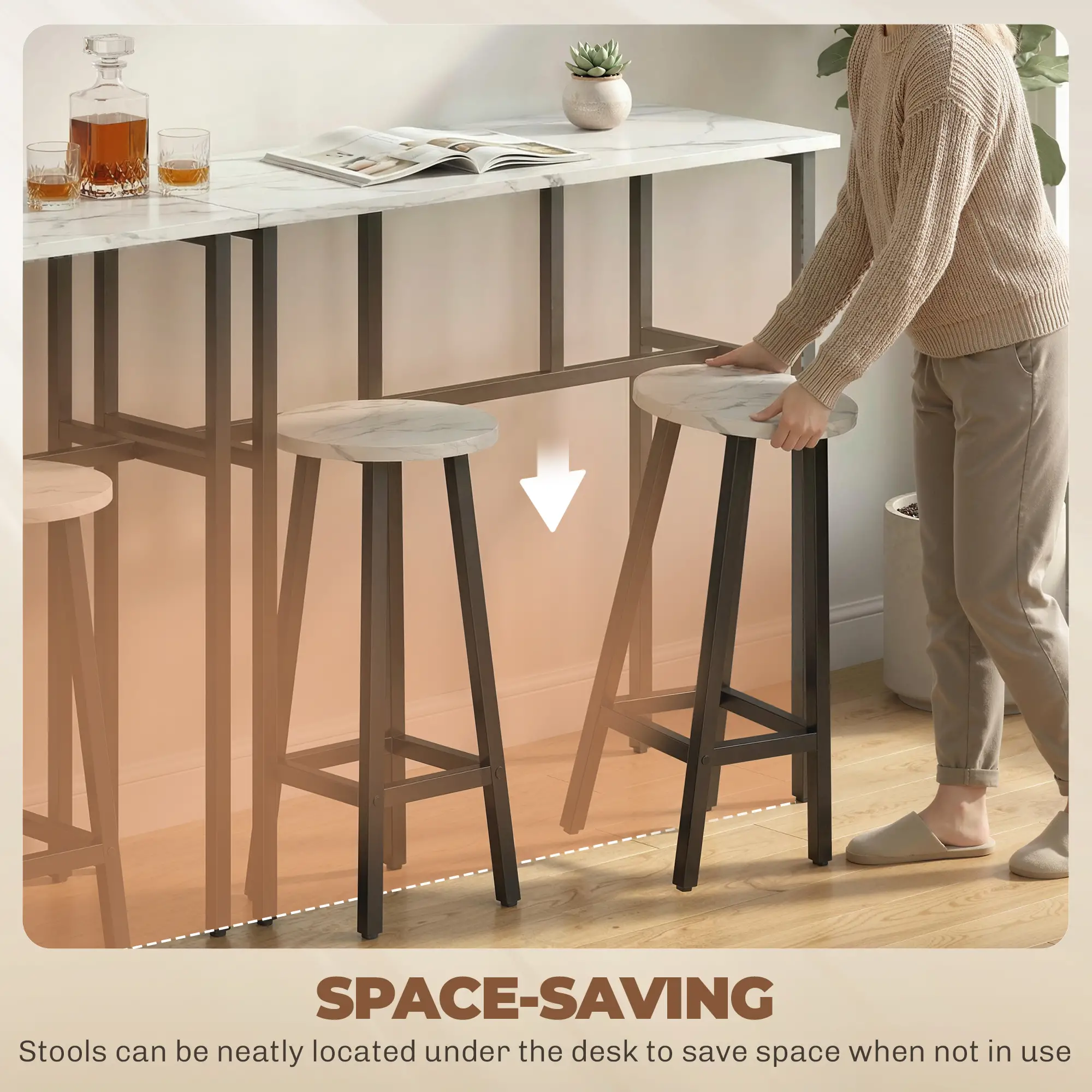 Bar Table Set Of 6, White Marble Breakfast Table And 4 Stools, White - Image 5
