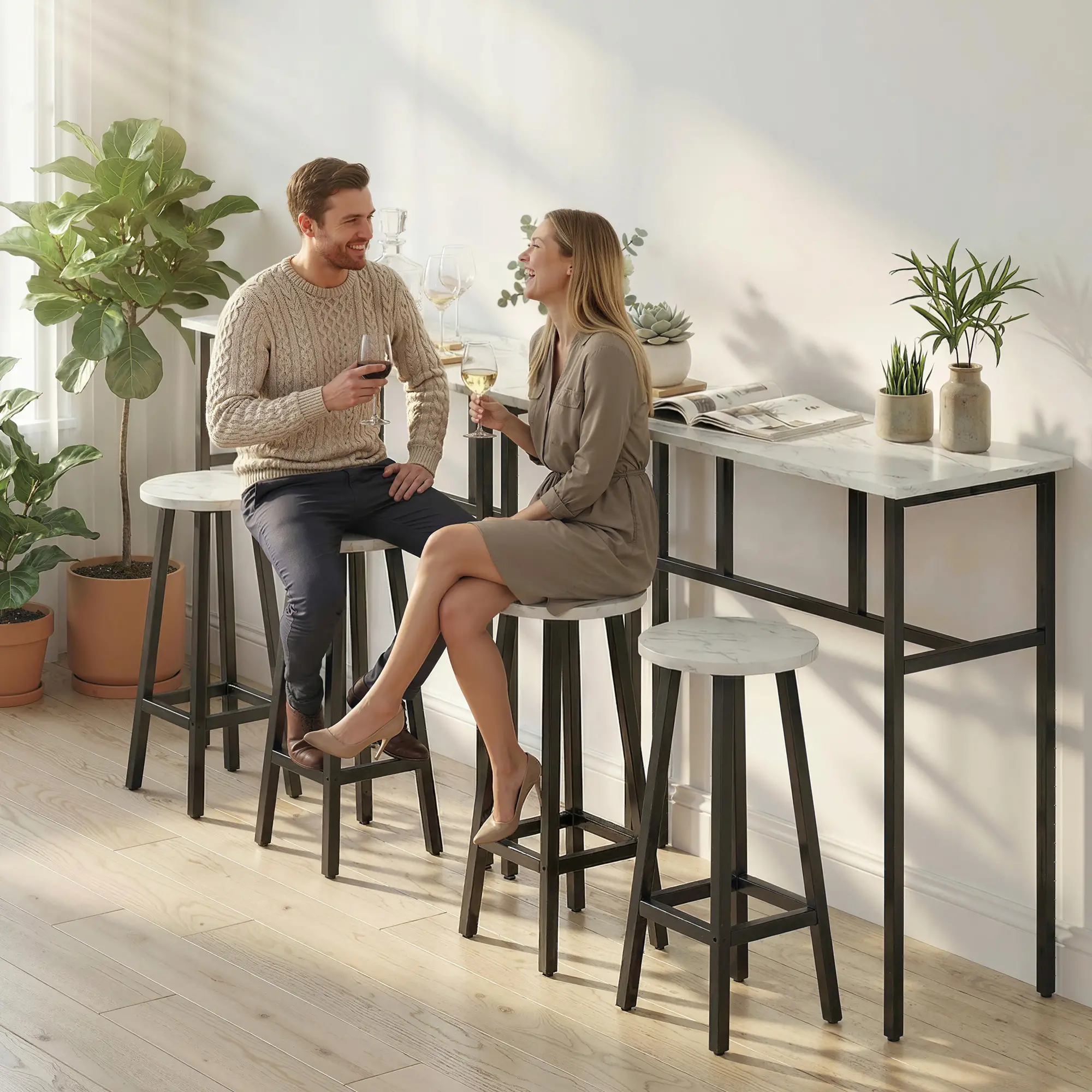 Bar Table Set Of 6, White Marble Breakfast Table And 4 Stools, White - Image 8