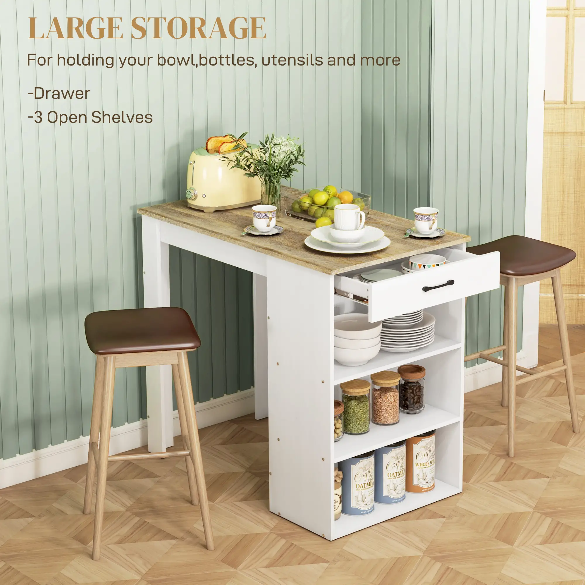Bar Table with Drawer, 3 Shelves, High Top Pub Table, Grey - Image 4