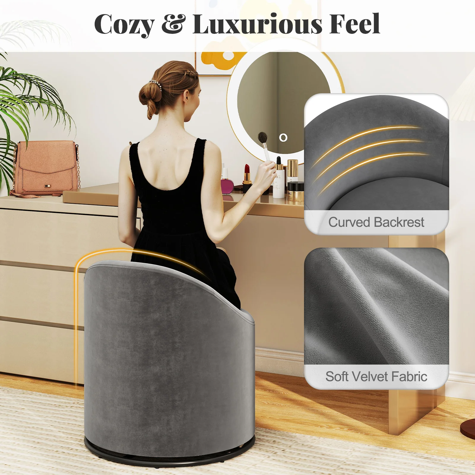 Barrel Chair With Storage, 360° Swivel Upholstered Vanity Chair, Gray - Image 10