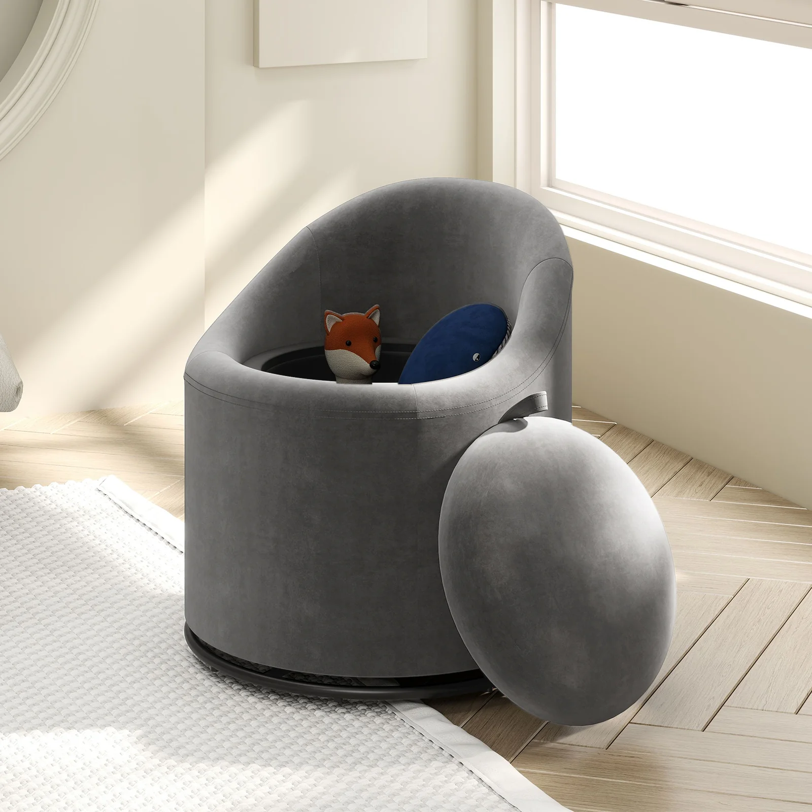 Barrel Chair With Storage, 360° Swivel Upholstered Vanity Chair, Gray - Image 3