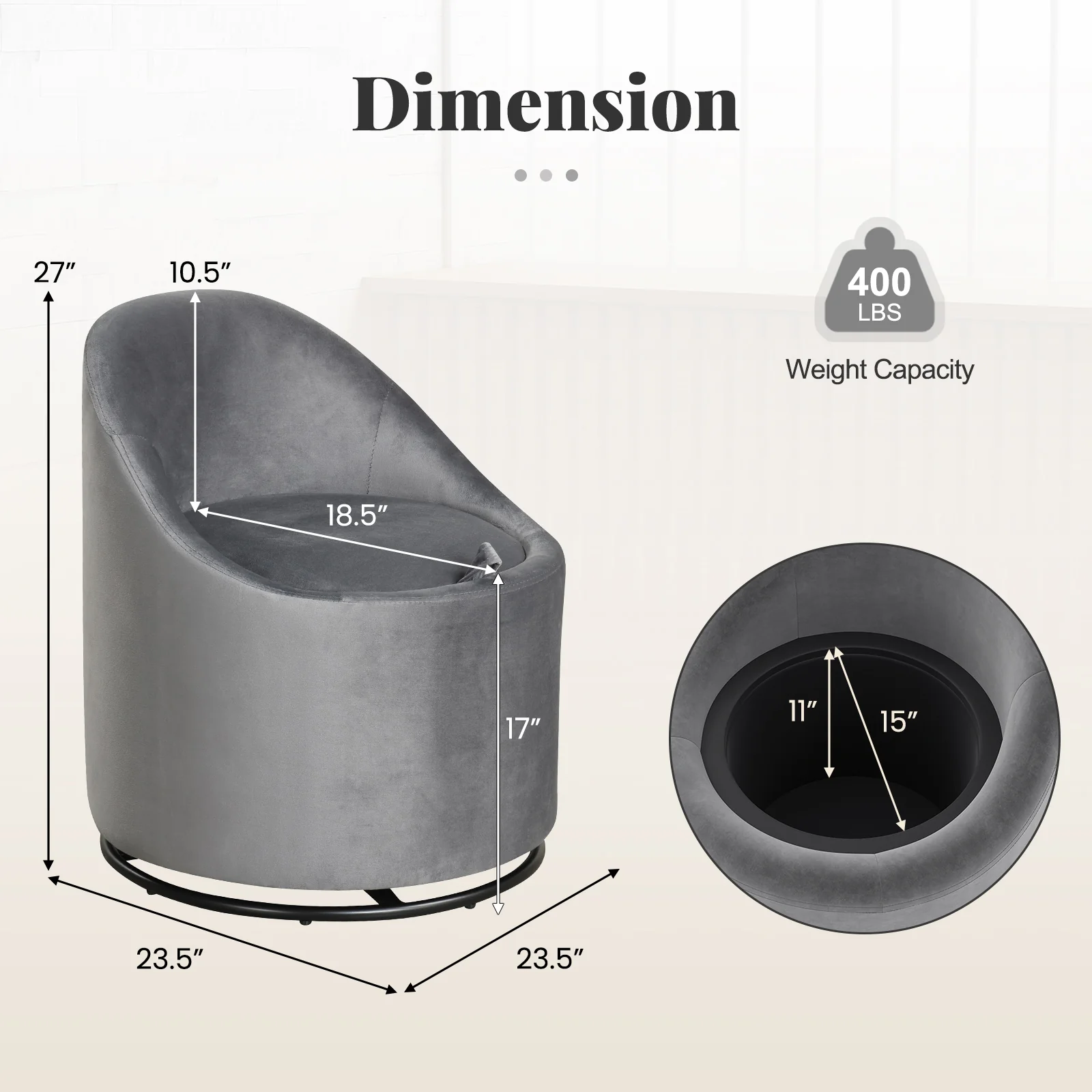 Barrel Chair With Storage, 360° Swivel Upholstered Vanity Chair, Gray - Image 6