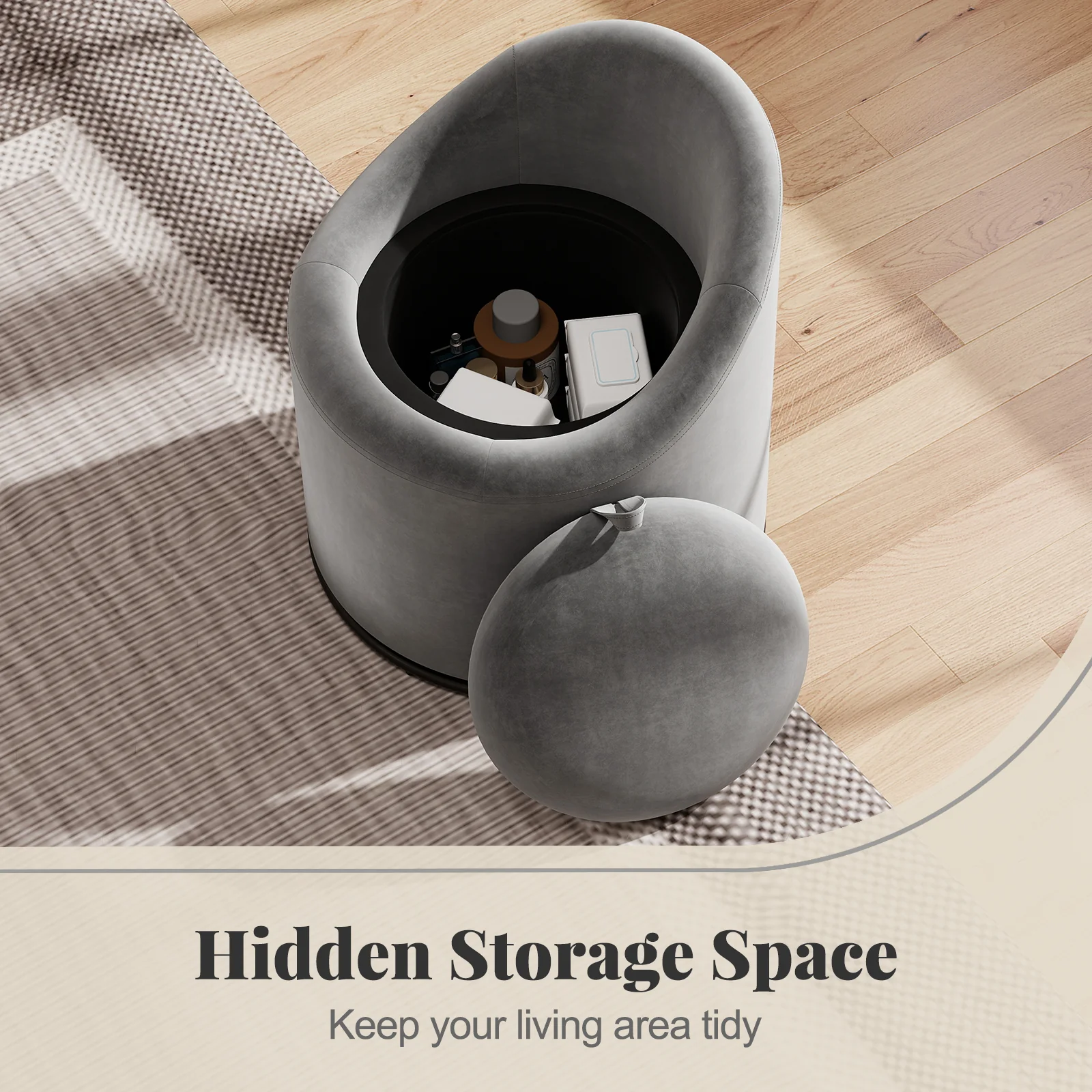 Barrel Chair With Storage, 360° Swivel Upholstered Vanity Chair, Gray - Image 8