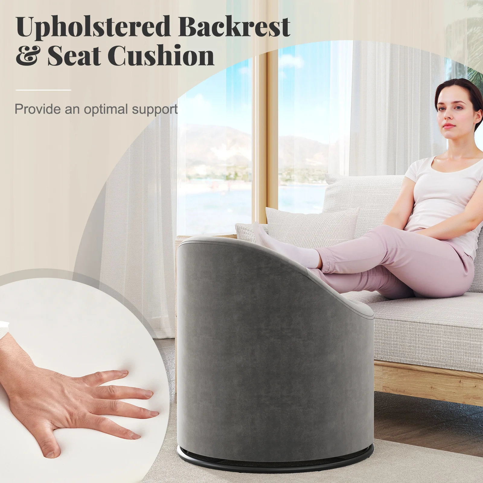 Barrel Chair With Storage, 360° Swivel Upholstered Vanity Chair, Gray - Image 9