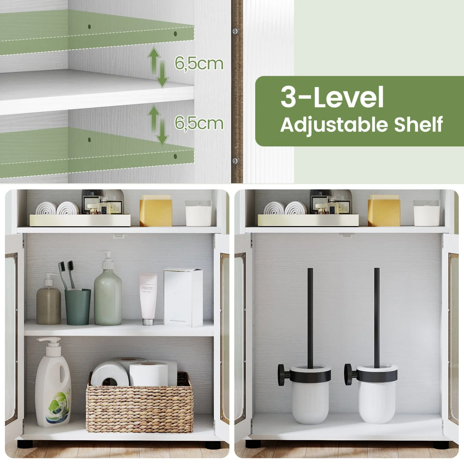 Bathroom Cabinet, 2 Doors, 3-Level Adjustable Shelf, White - Image 8