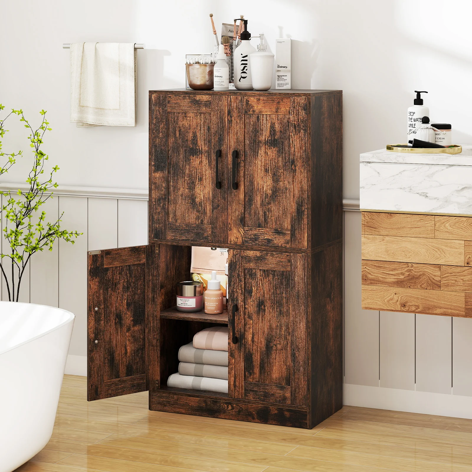 Bathroom Cabinet, 43.5 Inch, Doors, Adjustable Shelves, Rustic Brown - Image 2