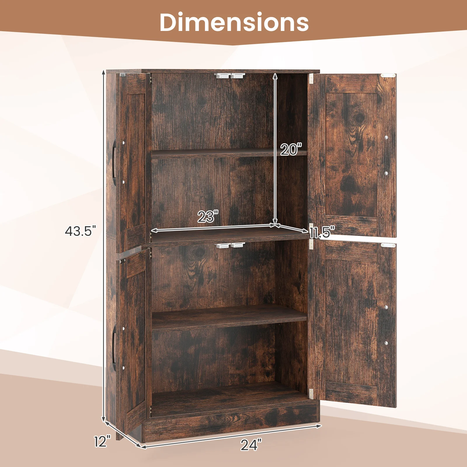 Bathroom Cabinet, 43.5 Inch, Doors, Adjustable Shelves, Rustic Brown - Image 5