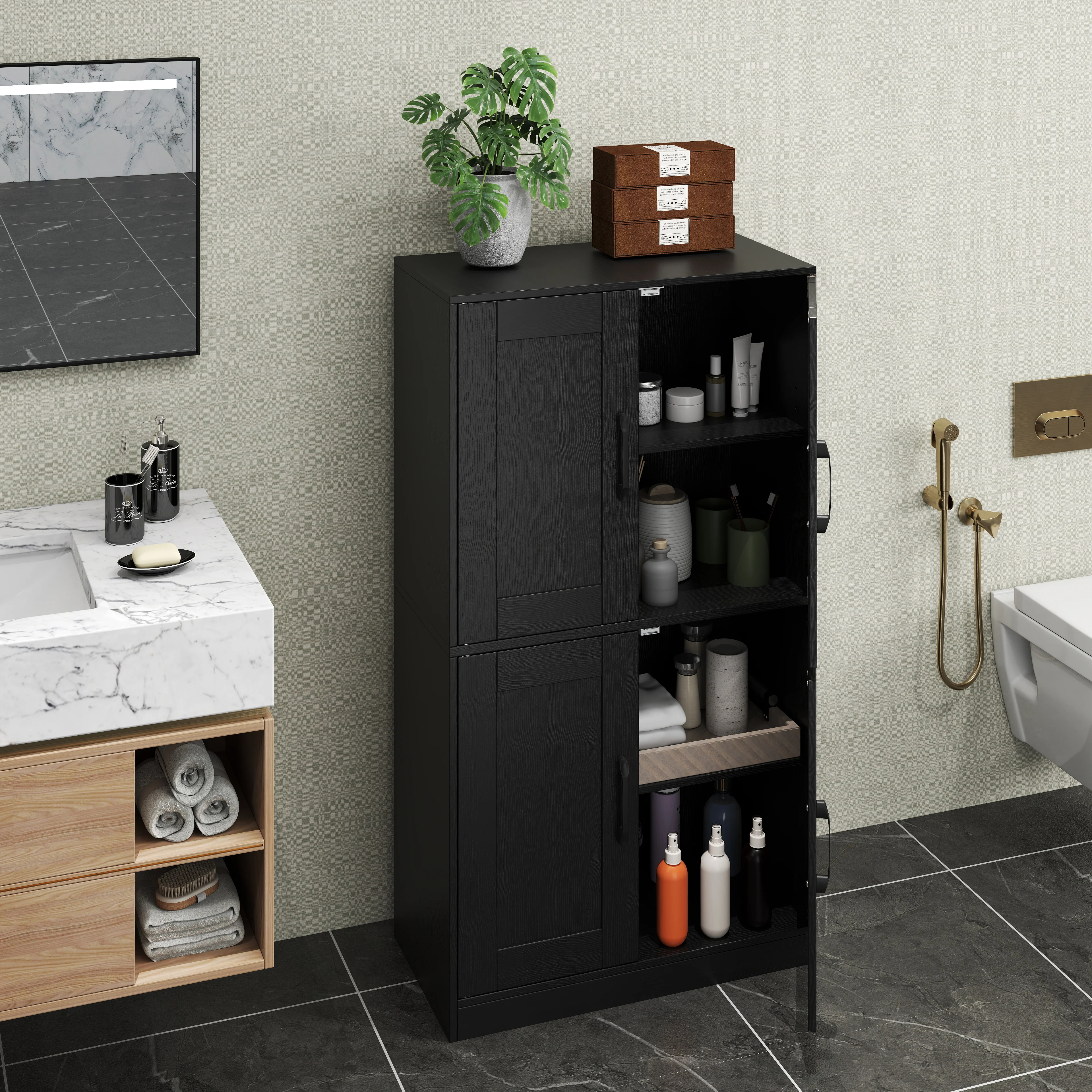 Bathroom Cabinet 43.5 Inch, Storage With Doors, Adjustable Shelves, Black - Image 2