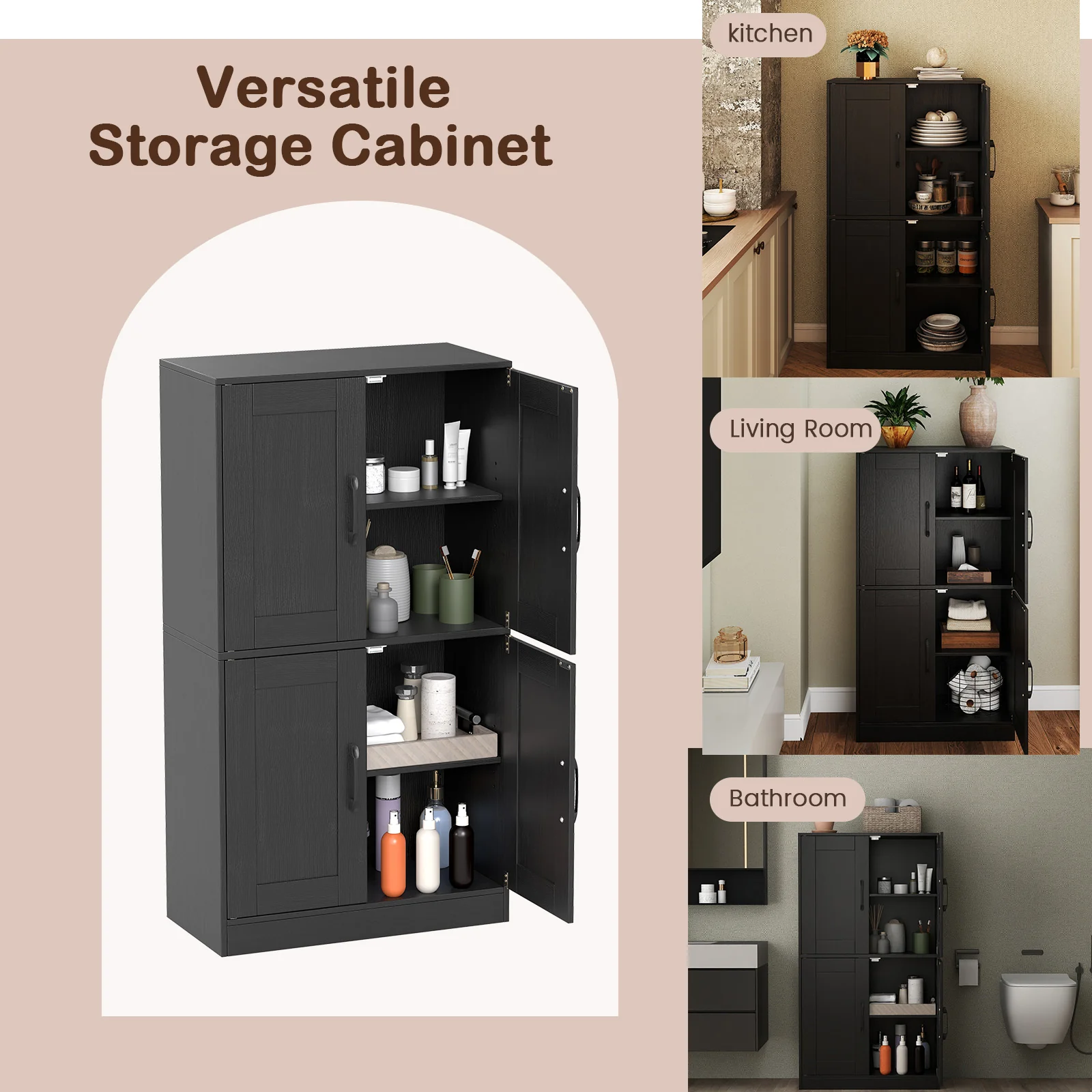 Bathroom Cabinet 43.5 Inch, Storage With Doors, Adjustable Shelves, Black - Image 7