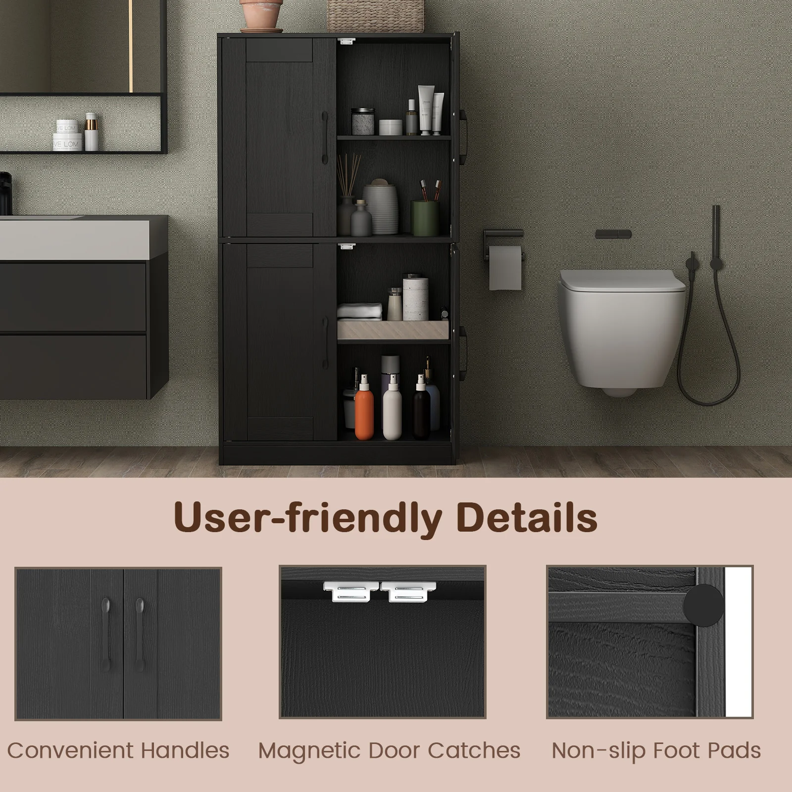 Bathroom Cabinet 43.5 Inch, Storage With Doors, Adjustable Shelves, Black - Image 8