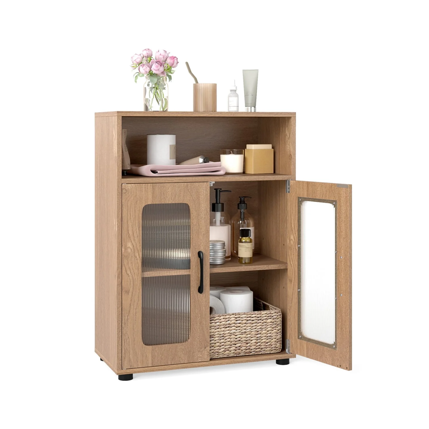 Bathroom Cabinet Freestanding Cabinet with 2 Doors and 3-Level Adjustable Shelf, Natural