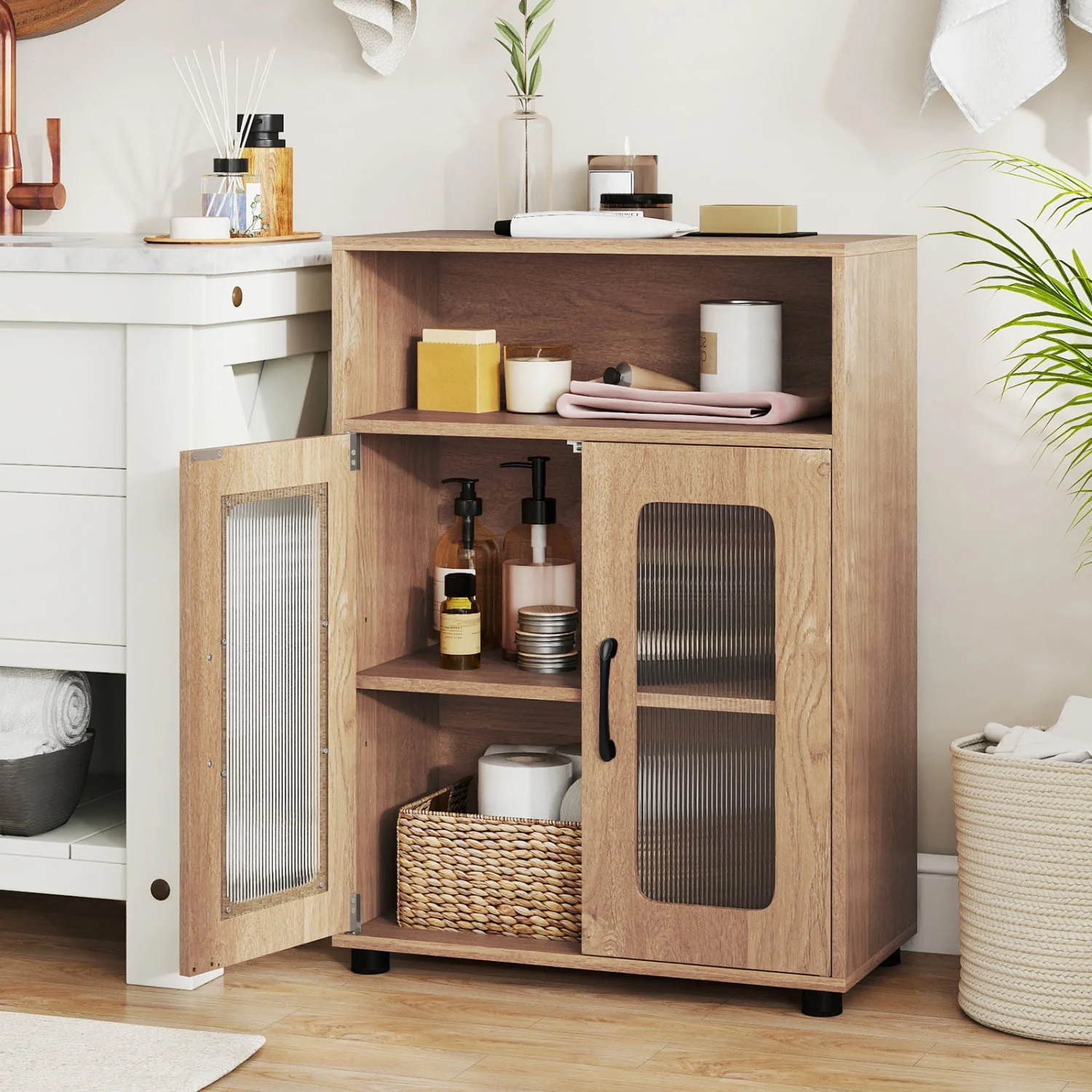 Bathroom Cabinet Freestanding Cabinet with 2 Doors and 3-Level Adjustable Shelf, Natural - Image 2