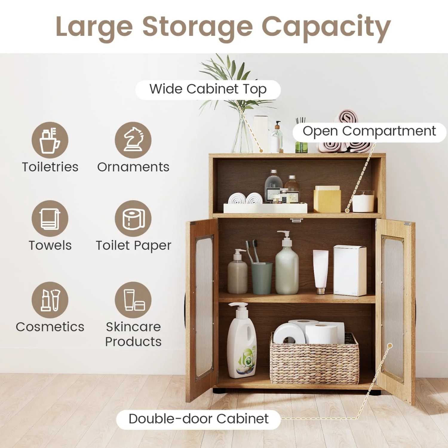 Bathroom Cabinet Freestanding Cabinet with 2 Doors and 3-Level Adjustable Shelf, Natural - Image 7