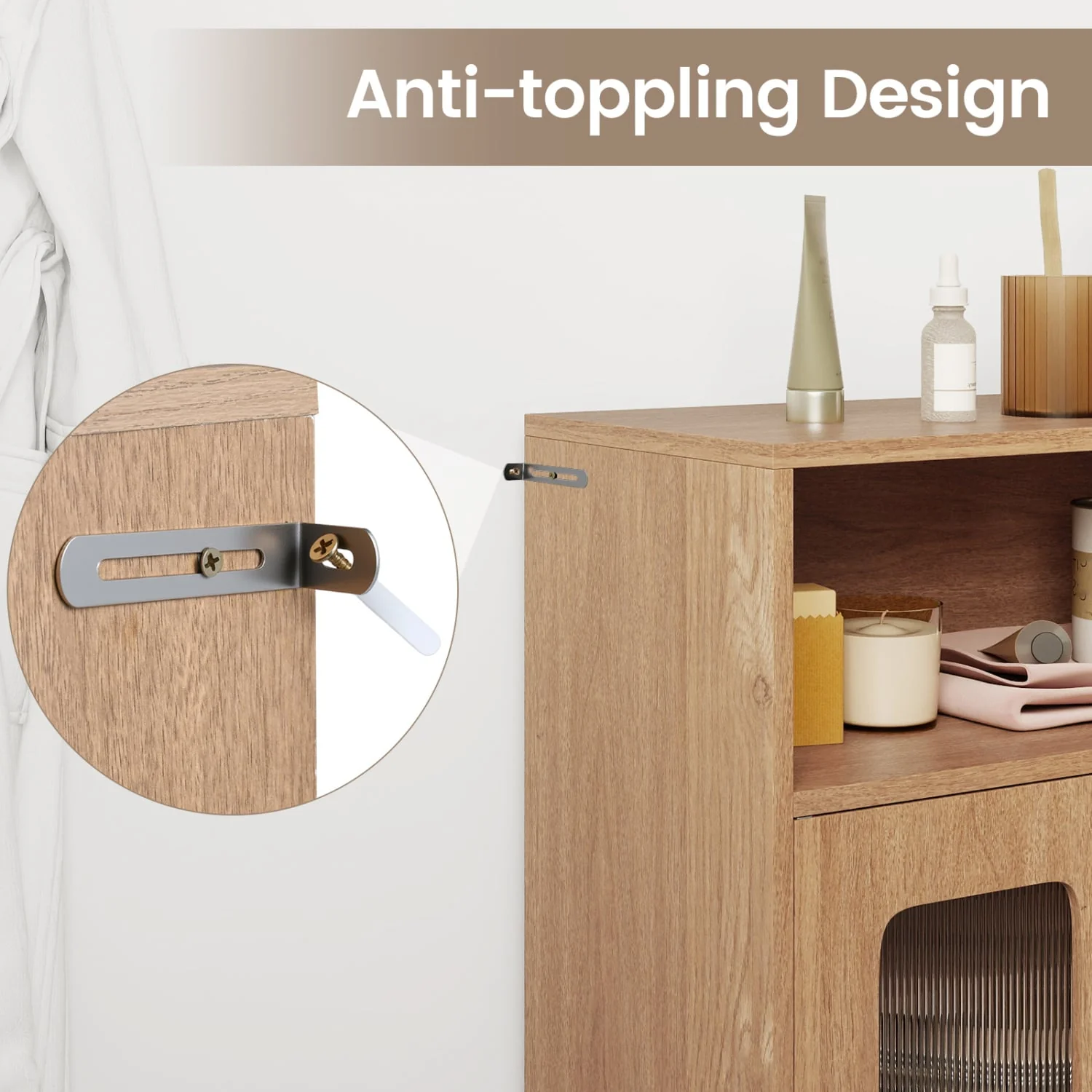 Bathroom Cabinet Freestanding Cabinet with 2 Doors and 3-Level Adjustable Shelf, Natural - Image 9