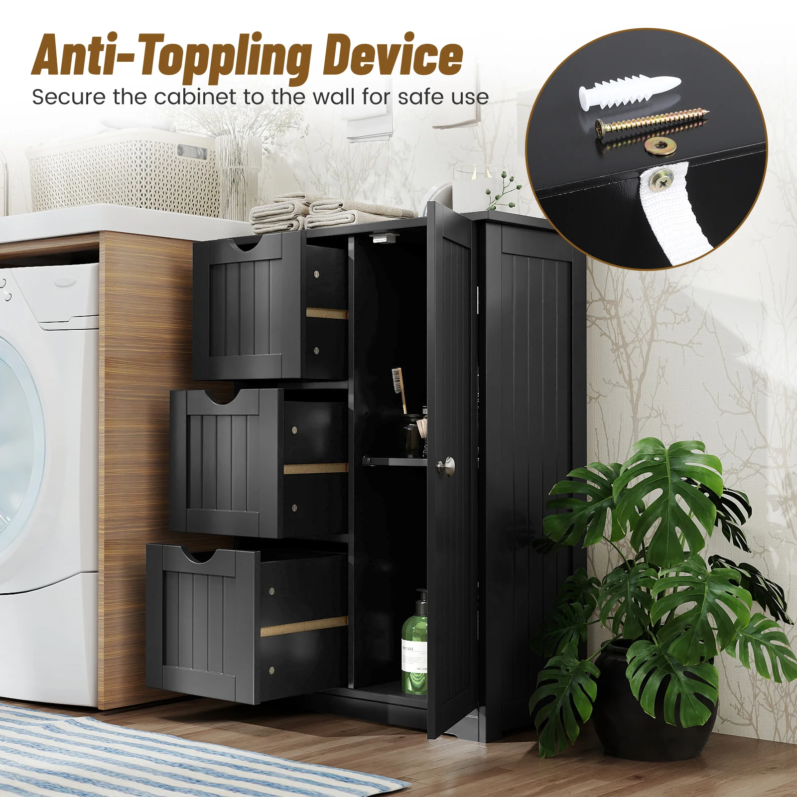 Bathroom Floor Cabinet, 3 Drawers, 1 Cupboard, Black - Image 10