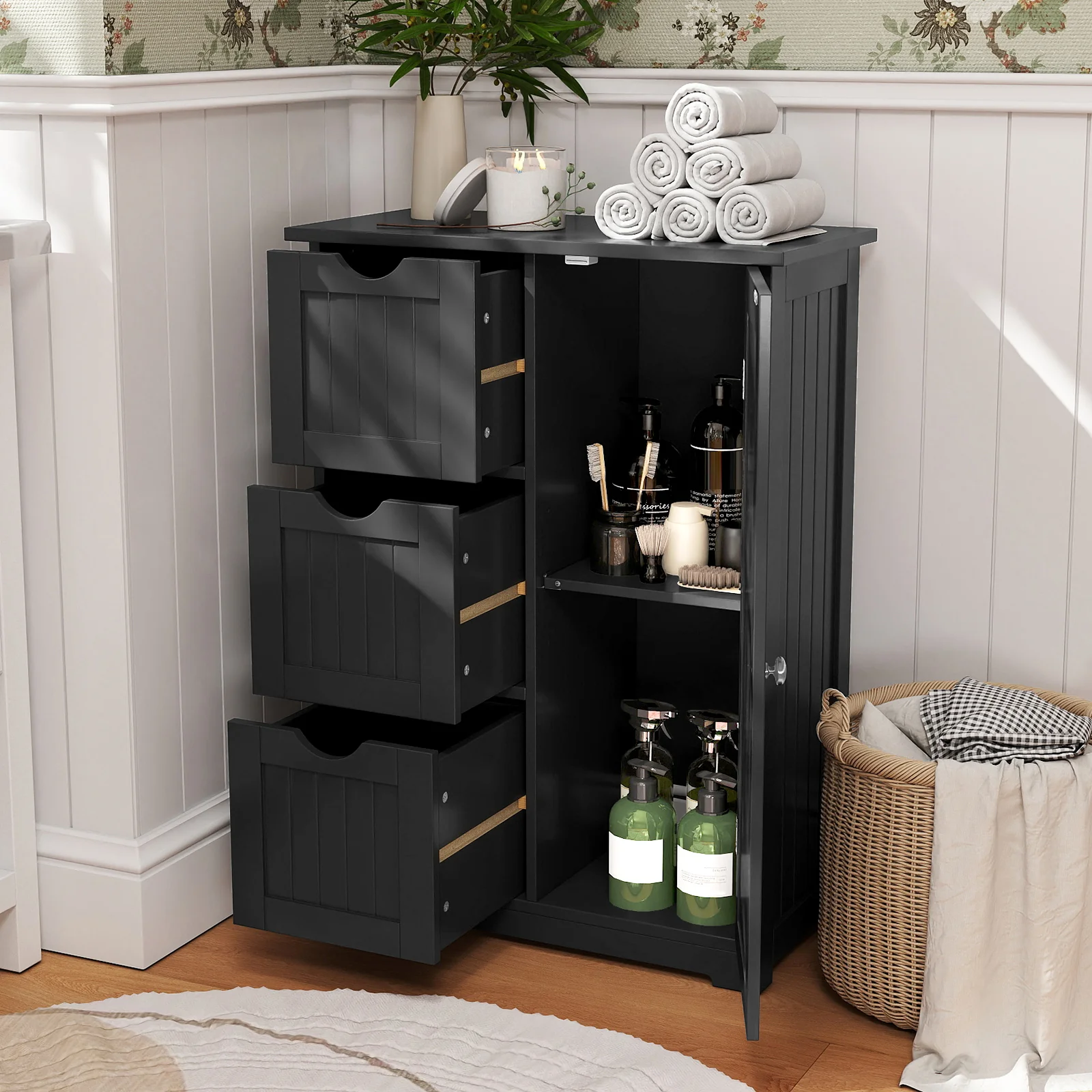 Bathroom Floor Cabinet, 3 Drawers, 1 Cupboard, Black - Image 2