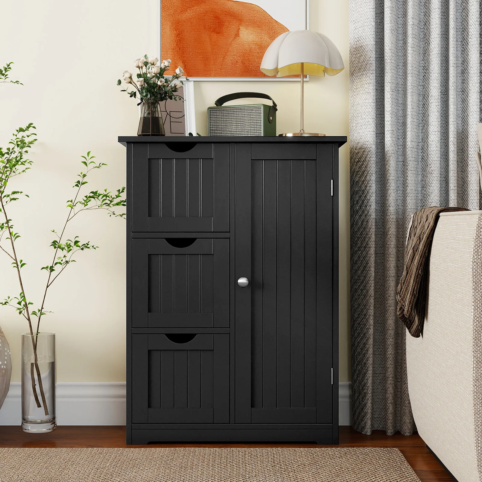 Bathroom Floor Cabinet, 3 Drawers, 1 Cupboard, Black - Image 3
