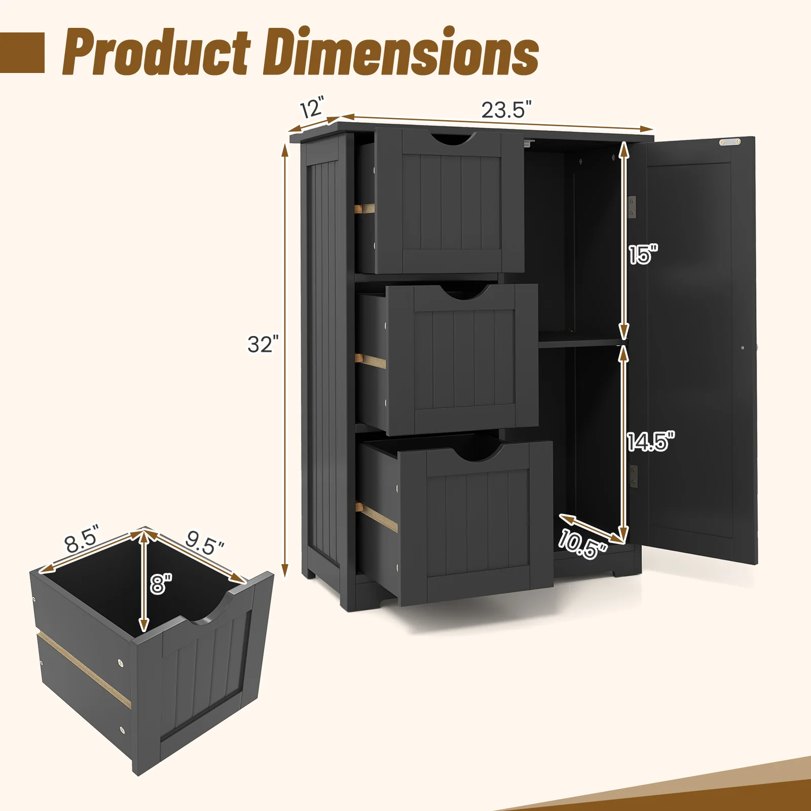 Bathroom Floor Cabinet, 3 Drawers, 1 Cupboard, Black - Image 6