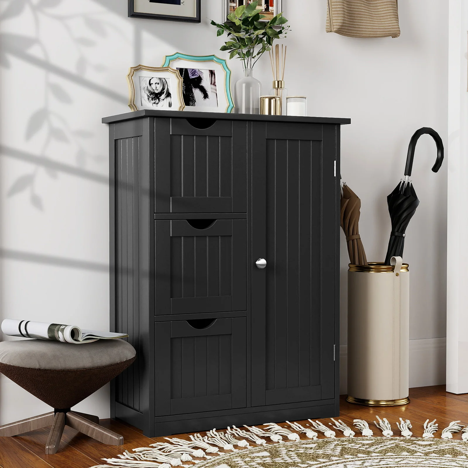 Bathroom Floor Cabinet, 3 Drawers, 1 Cupboard, Black - Image 7