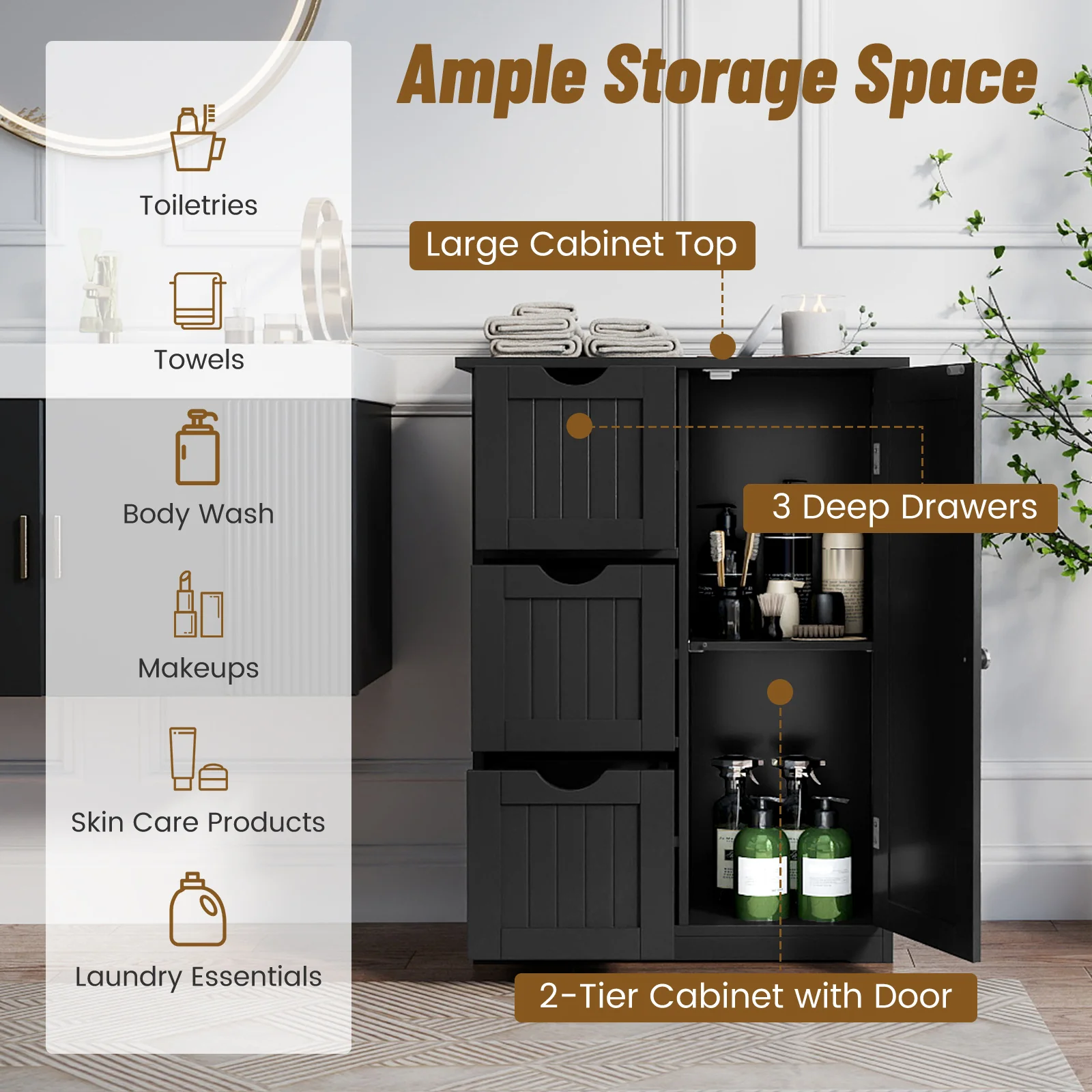 Bathroom Floor Cabinet, 3 Drawers, 1 Cupboard, Black - Image 8