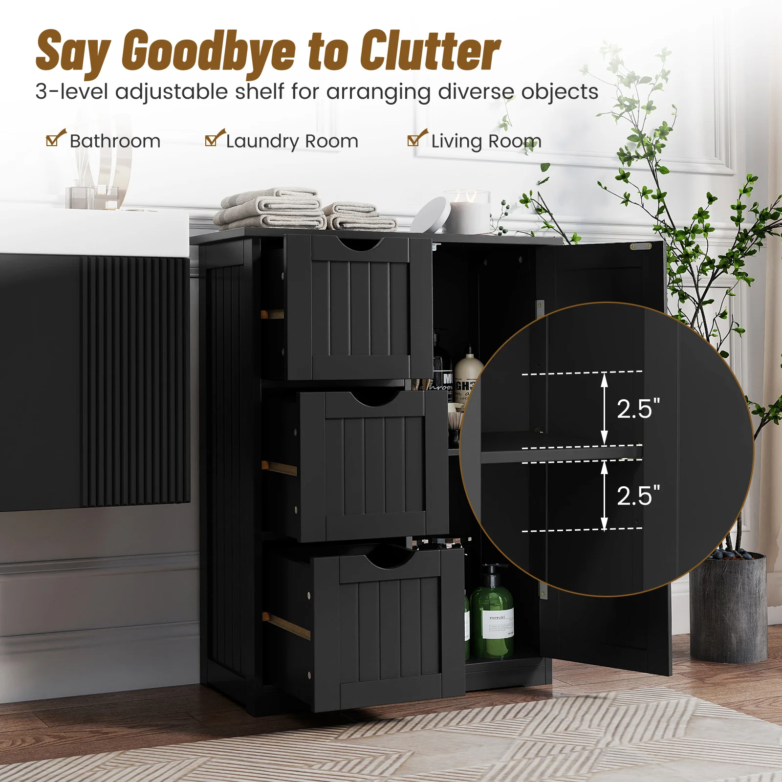 Bathroom Floor Cabinet, 3 Drawers, 1 Cupboard, Black - Image 9
