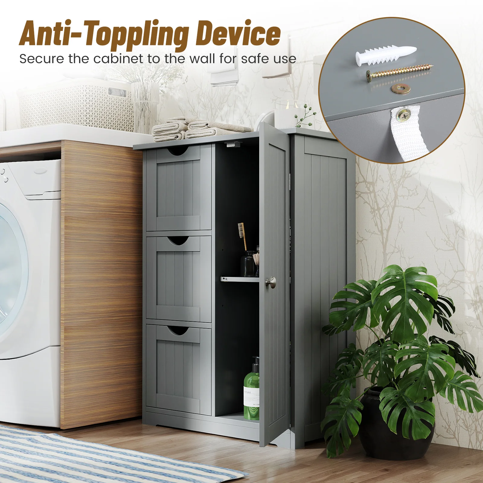 Bathroom Floor Cabinet, 3 Drawers 1 Cupboard, Gray - Image 10