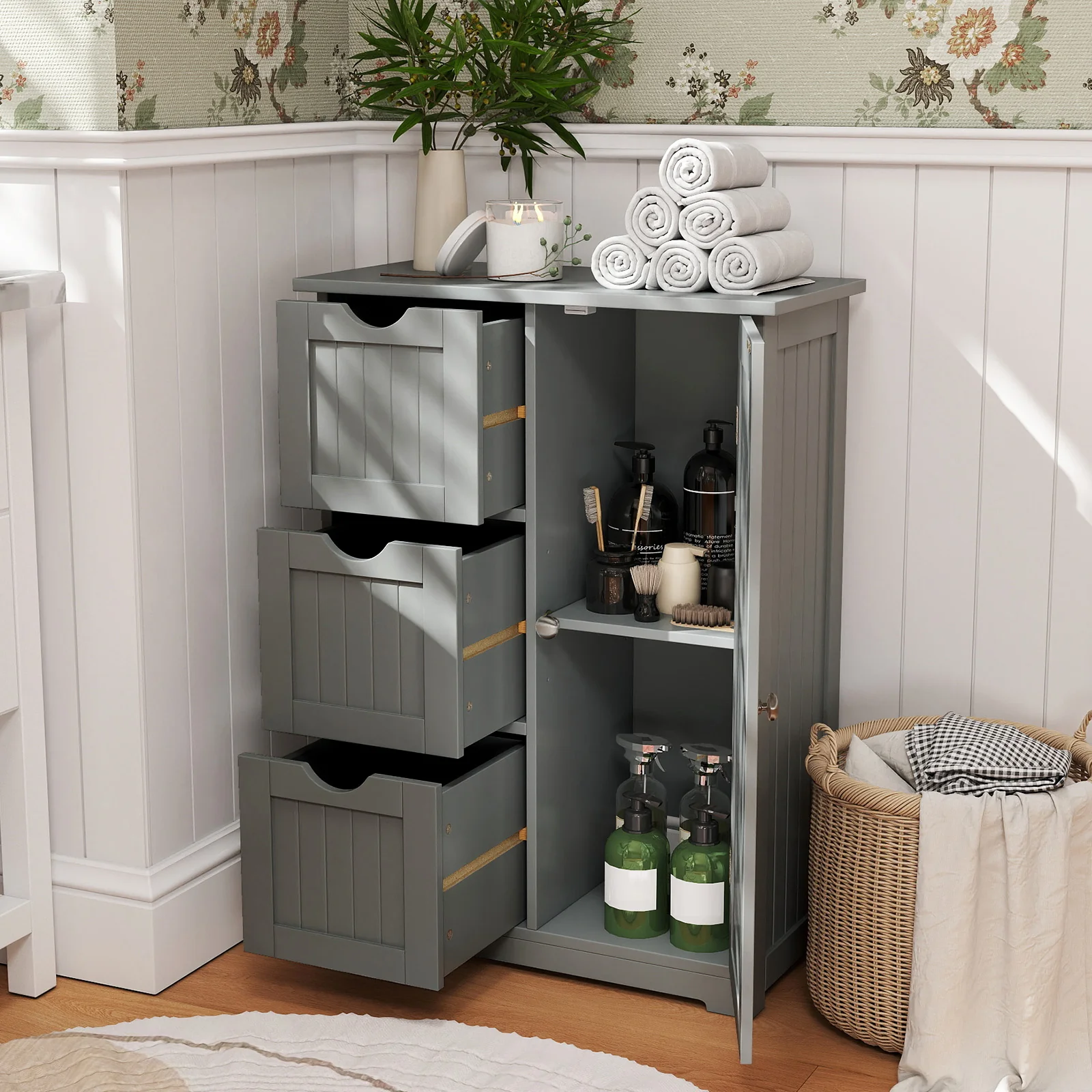 Bathroom Floor Cabinet, 3 Drawers 1 Cupboard, Gray - Image 2