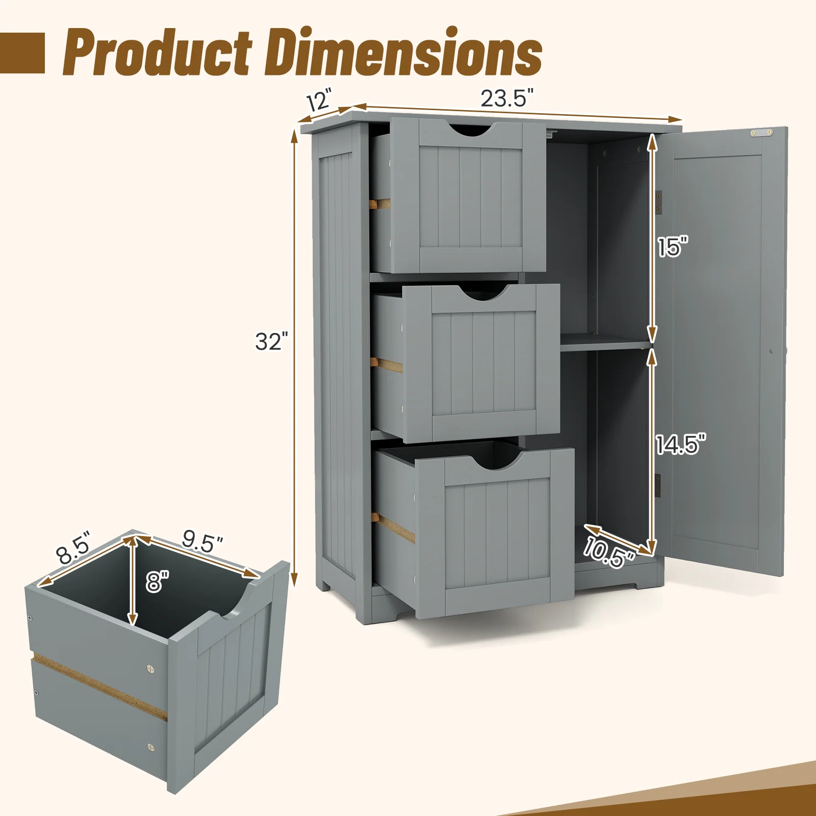Bathroom Floor Cabinet, 3 Drawers 1 Cupboard, Gray - Image 6