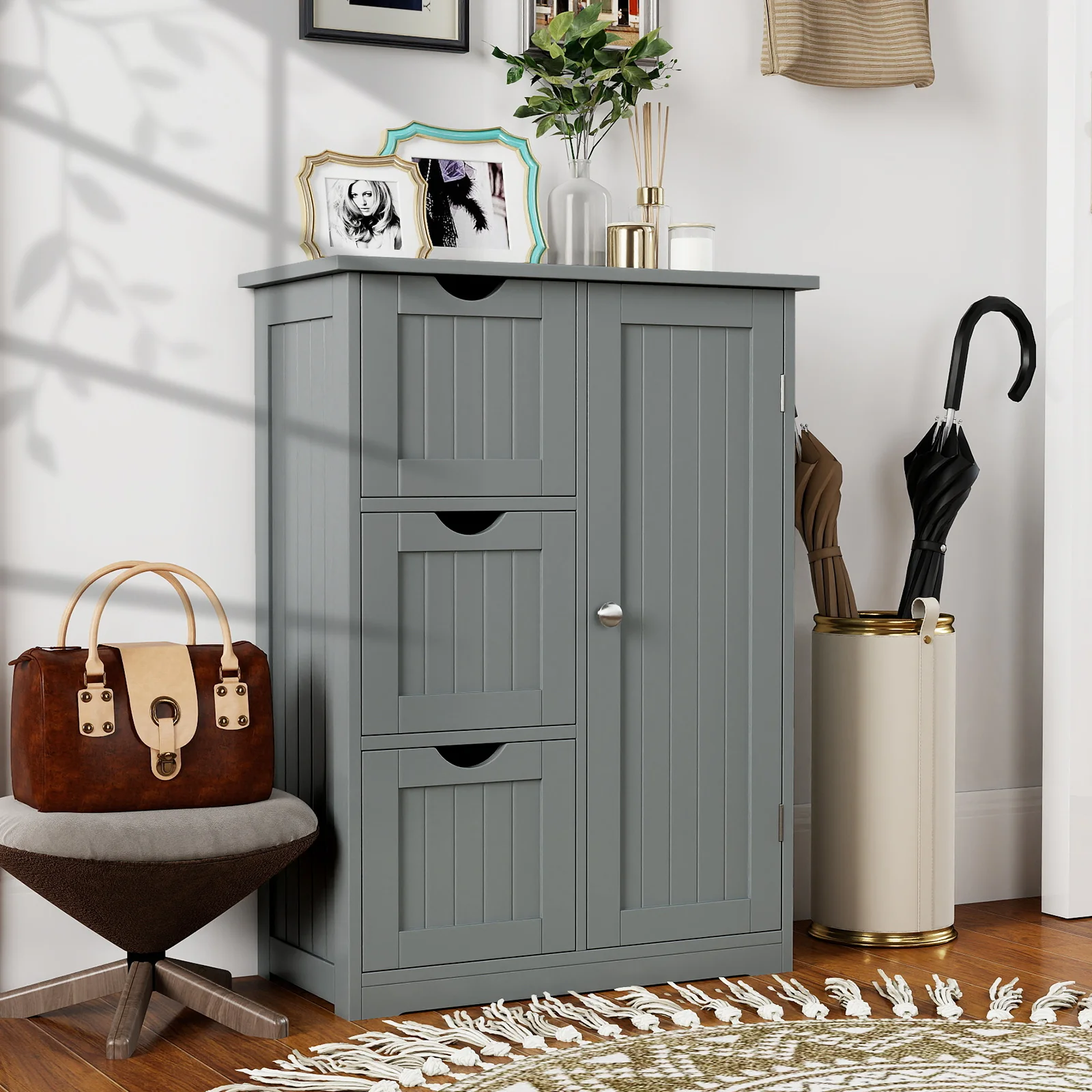 Bathroom Floor Cabinet, 3 Drawers 1 Cupboard, Gray - Image 7