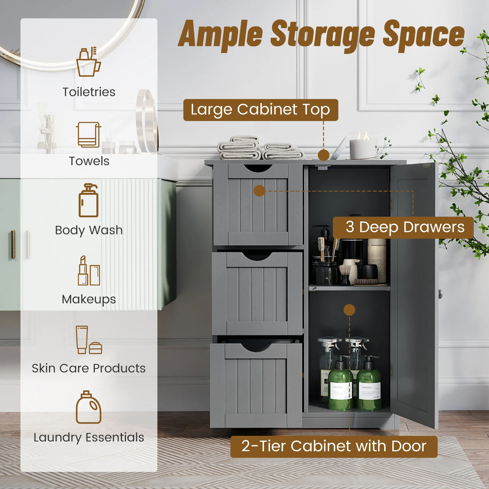 Bathroom Floor Cabinet, 3 Drawers 1 Cupboard, Gray - Image 8