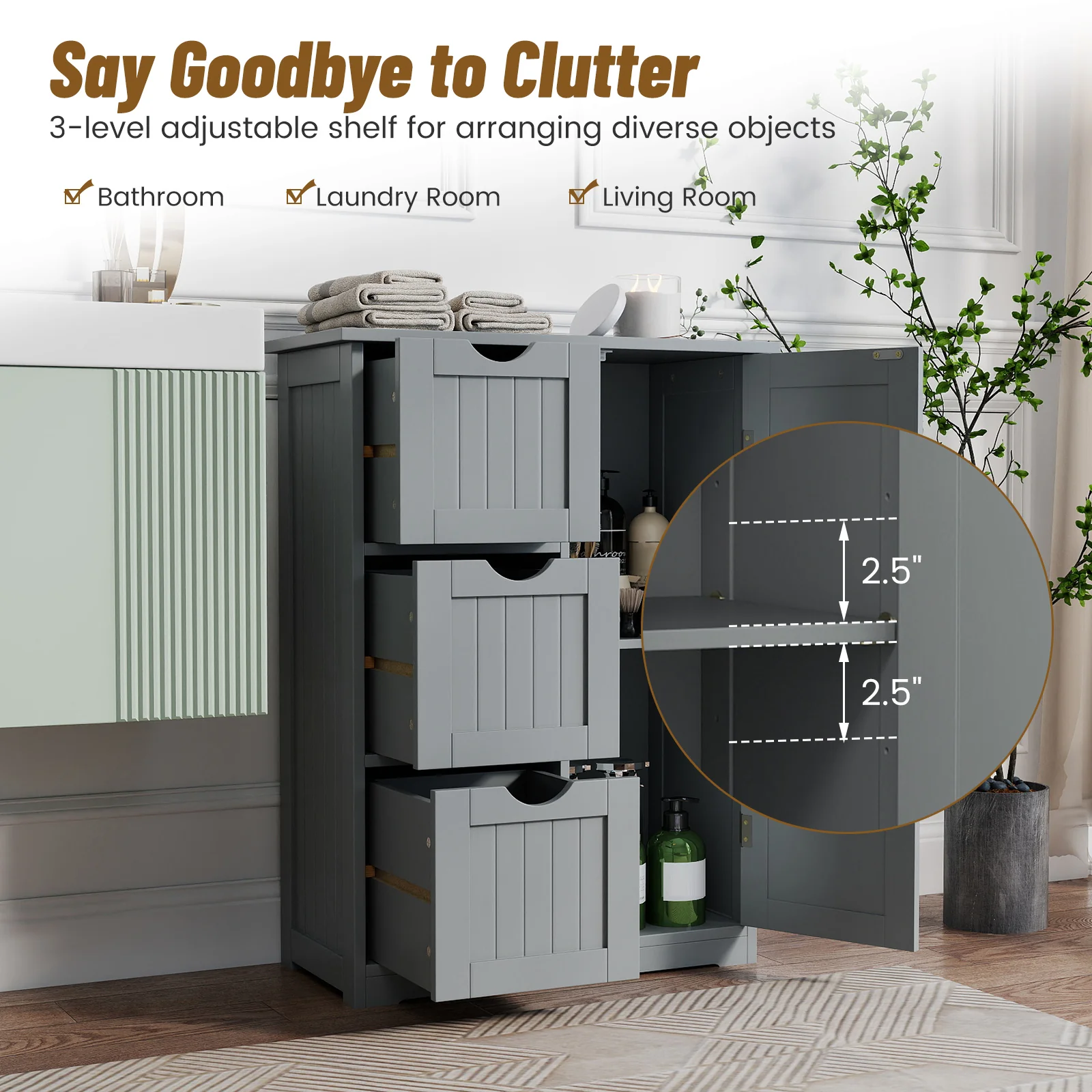 Bathroom Floor Cabinet, 3 Drawers 1 Cupboard, Gray - Image 9