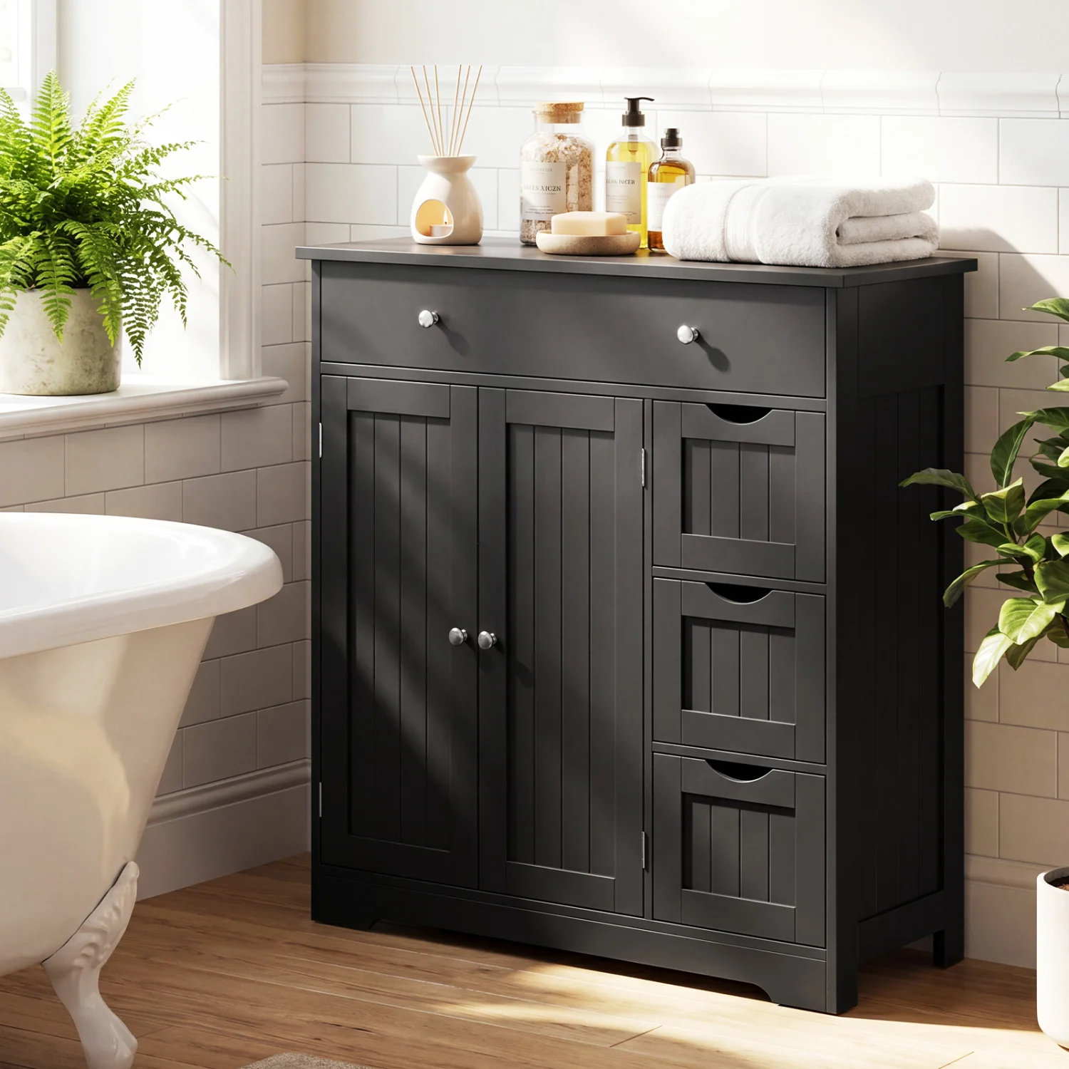 Bathroom Floor Cabinet with 4 Drawers with 2 Doors and Adjustable Shelf, Black - Image 2