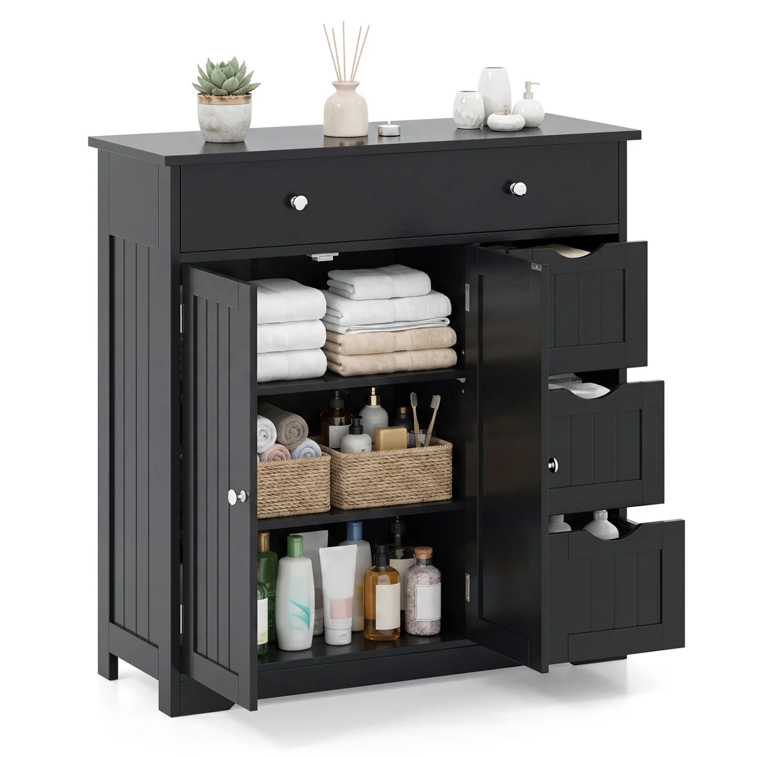 Bathroom Floor Cabinet with 4 Drawers with 2 Doors and Adjustable Shelf, Black - Image 3