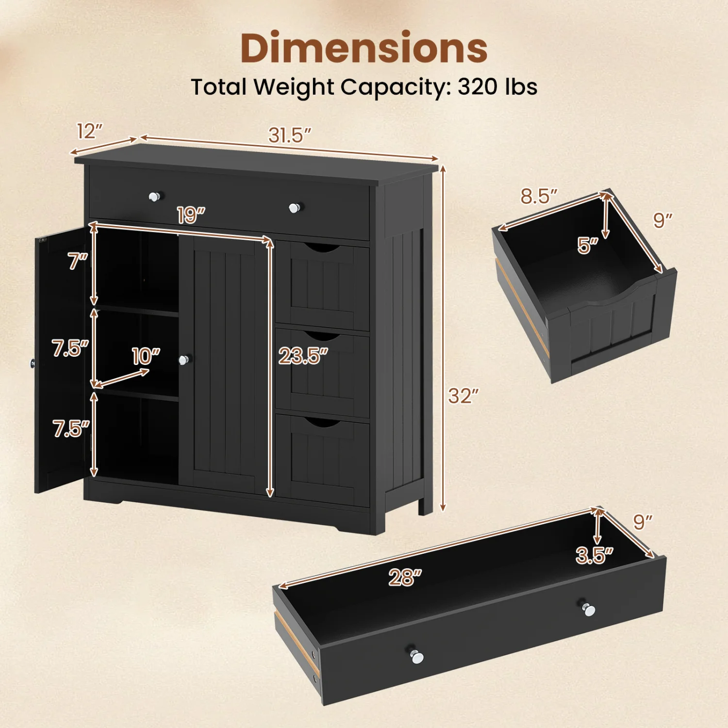 Bathroom Floor Cabinet with 4 Drawers with 2 Doors and Adjustable Shelf, Black - Image 4