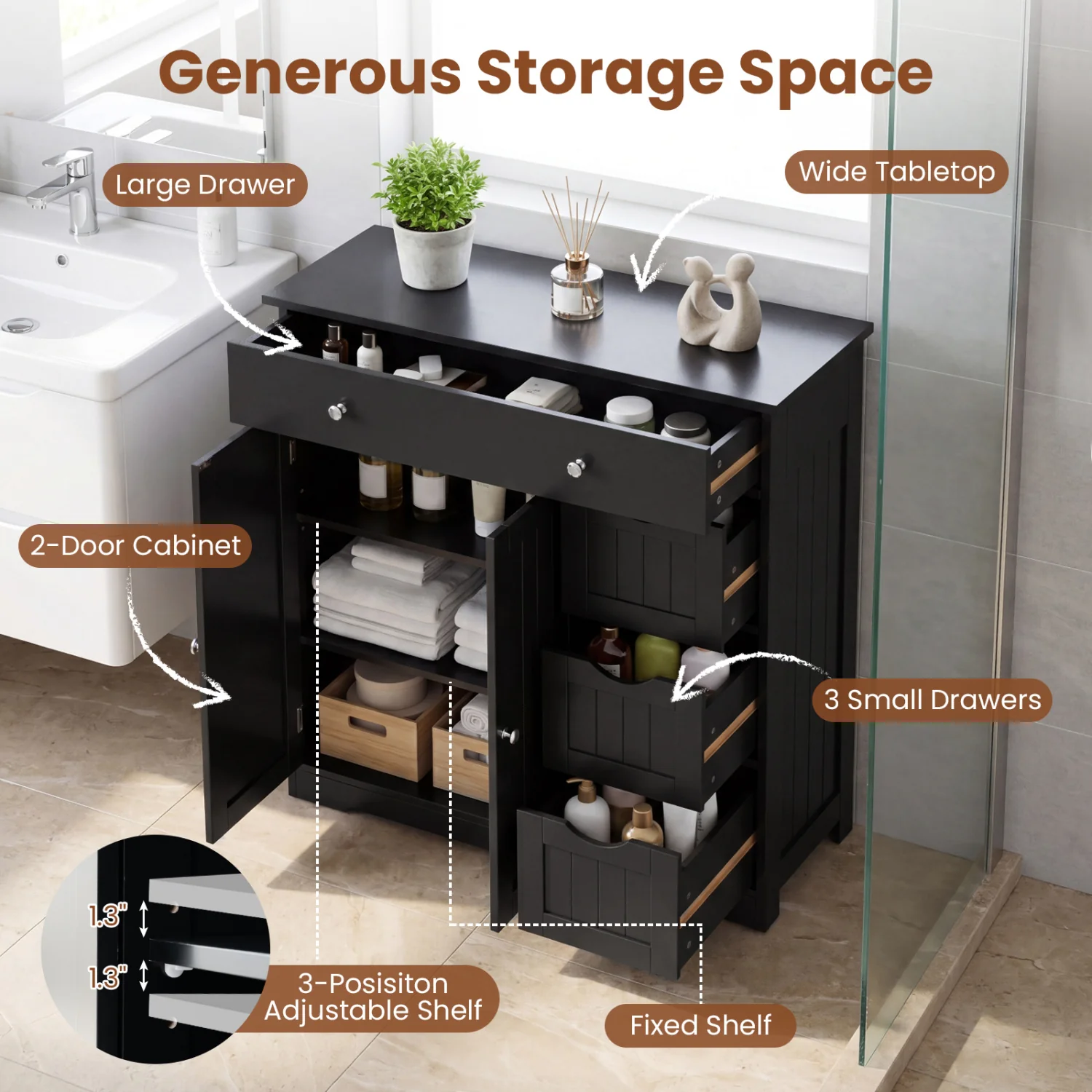 Bathroom Floor Cabinet with 4 Drawers with 2 Doors and Adjustable Shelf, Black - Image 5