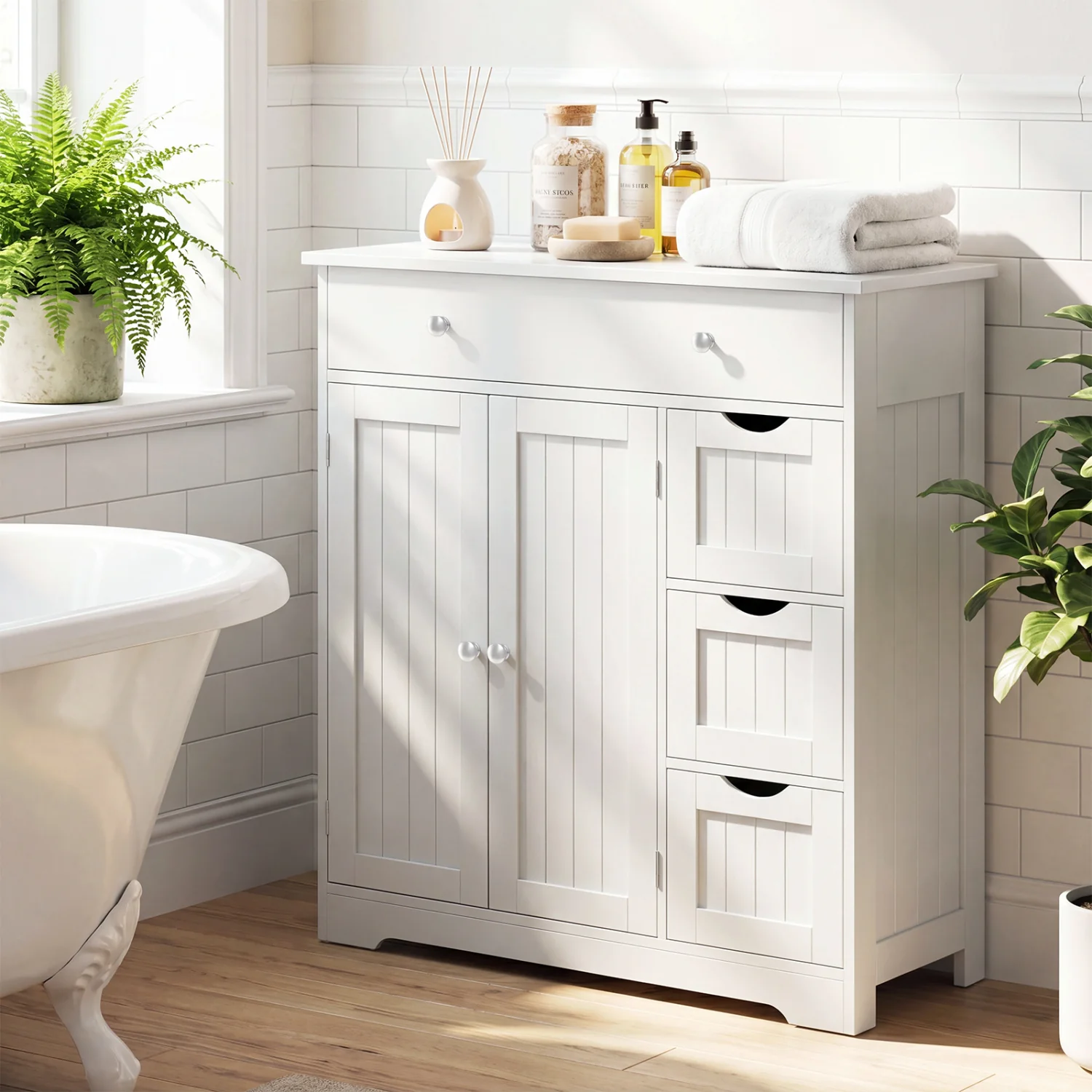 Bathroom Floor Cabinet with 4 Drawers with 2 Doors and Adjustable Shelf, White - Image 3